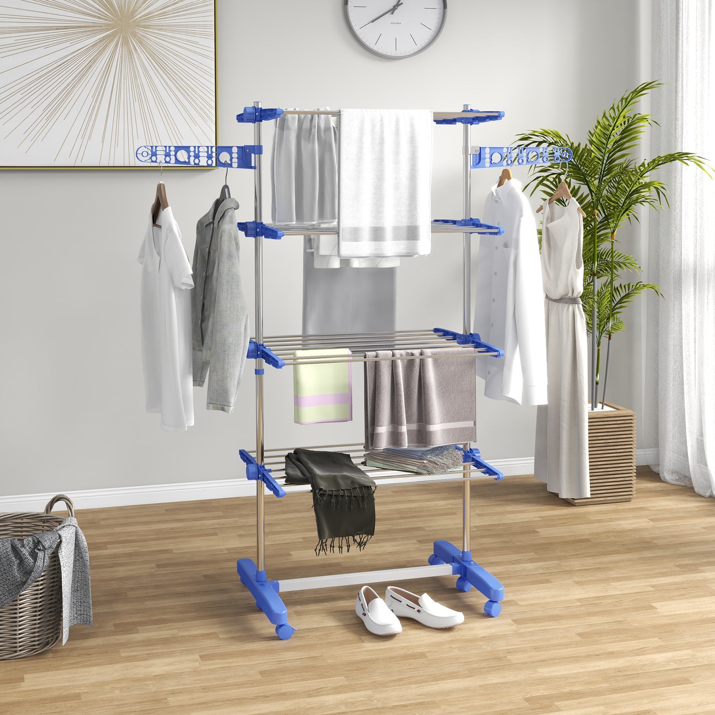 Garment Drying Rack Stainless Steel Folding Clothes Hanging Rack with Side Wings Castors for Indoor Outdoor Blue Bath Accessories Blue and Silver  at Gallery Canada