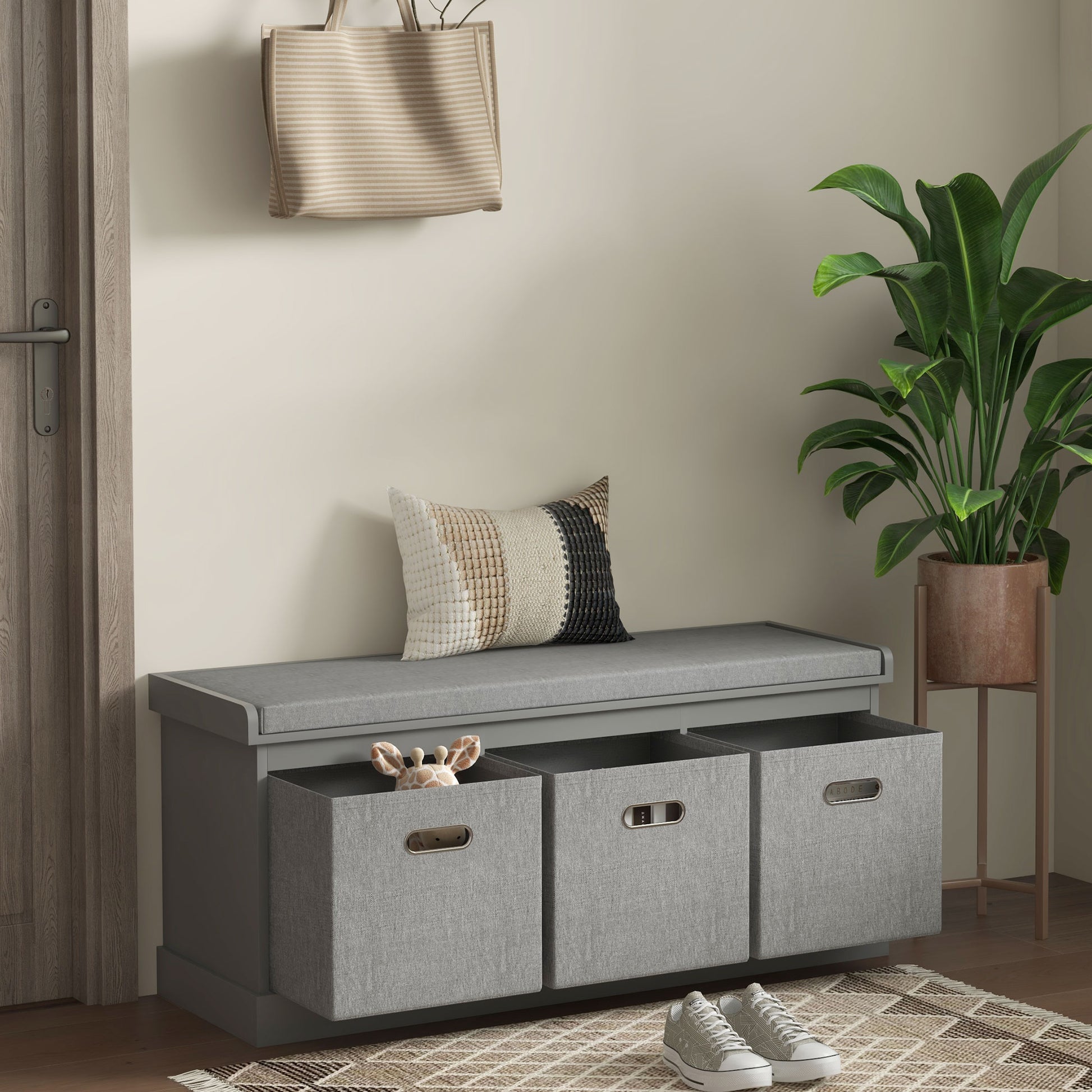 Shoe Storage Bench with Seat, Entryway Bench Seat with Cushion, 3 Fabric Drawers for Hallway, Grey Shoe Storage Cabinets & Racks at Gallery Canada