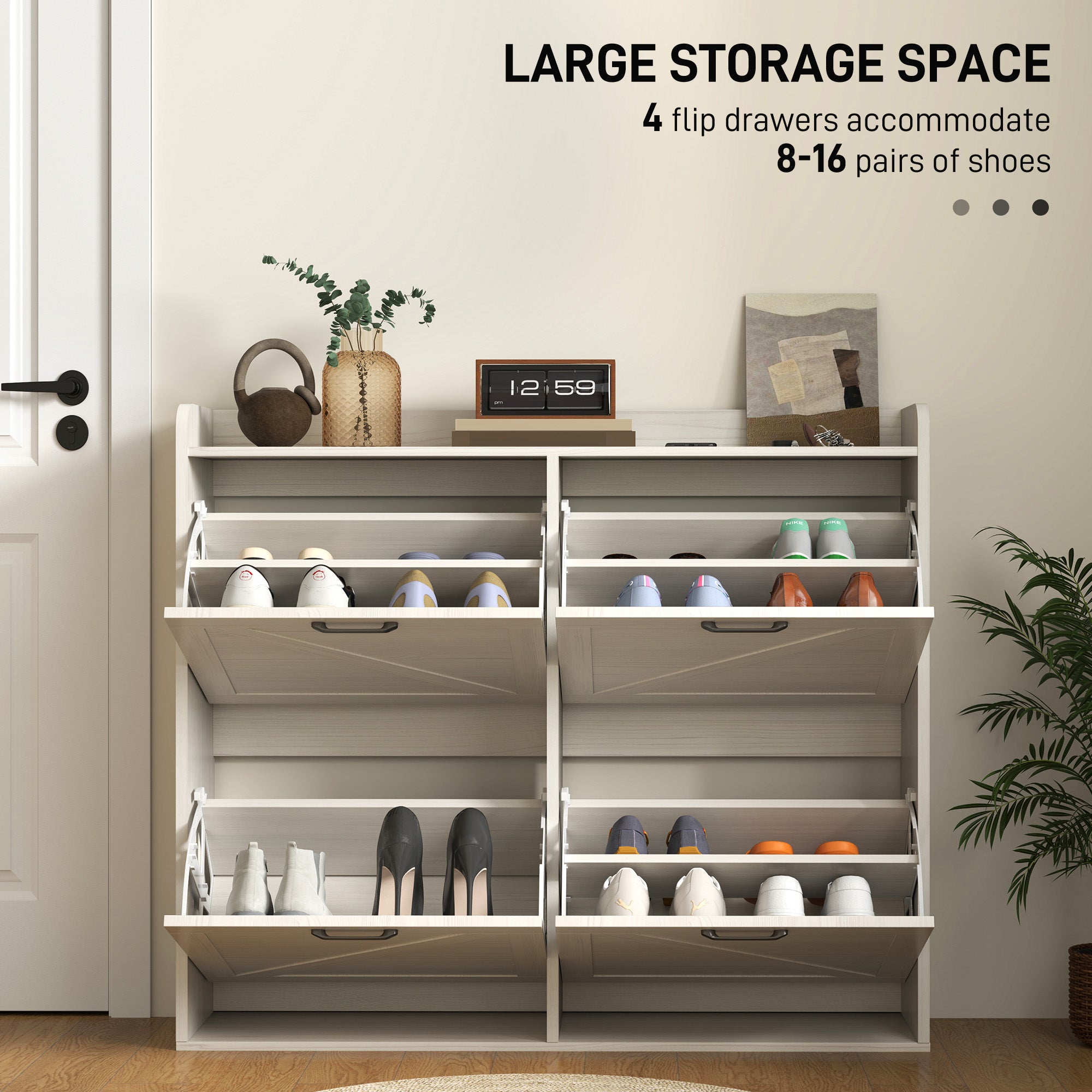 Narrow Shoe Storage Cabinet with 4 Flip Drawers, Adjustable Shelves, 16 Pair Farmhouse Shoe Cabinet, White Oak Shoe Storage Cabinets & Racks at Gallery Canada