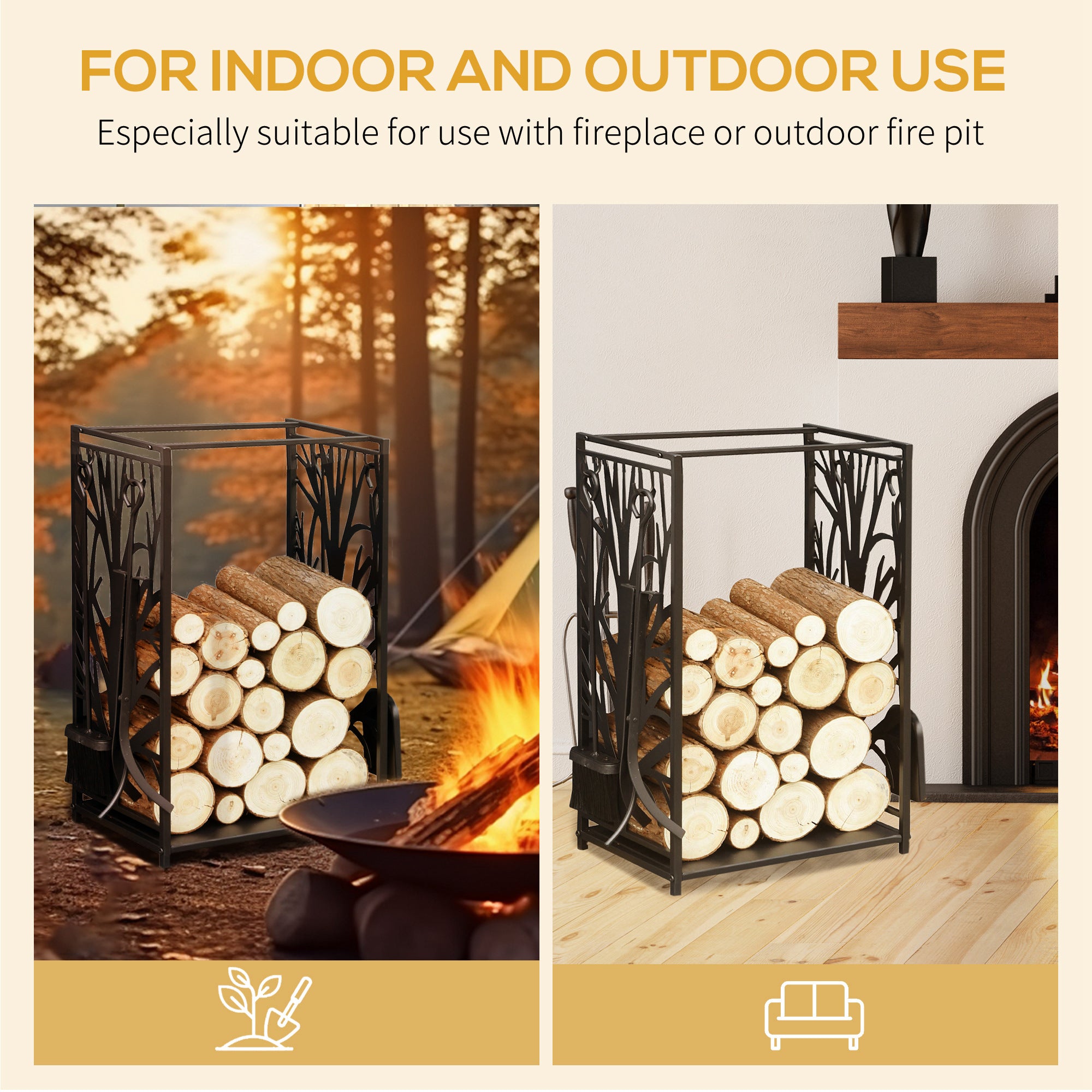 Firewood Rack with 4 Tools, Log Holder for Fireplace, Outdoor Indoor Wood Storage Stacker, 18.1