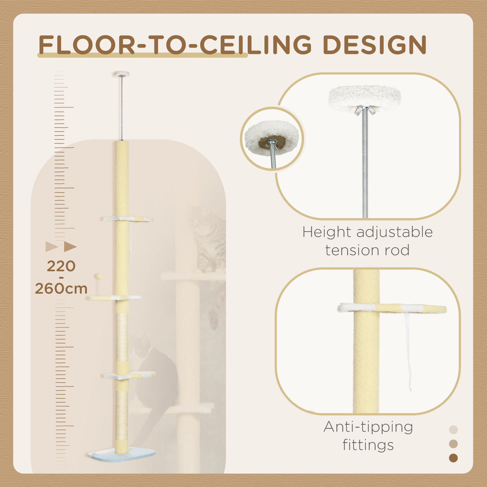 87"-102" Floor to Ceiling Cat Tree w/ Sisal Scratching Posts, Anti-tip Kit, Perches, Toy Ball, Yellow Floor to Ceiling Cat Trees   at Gallery Canada