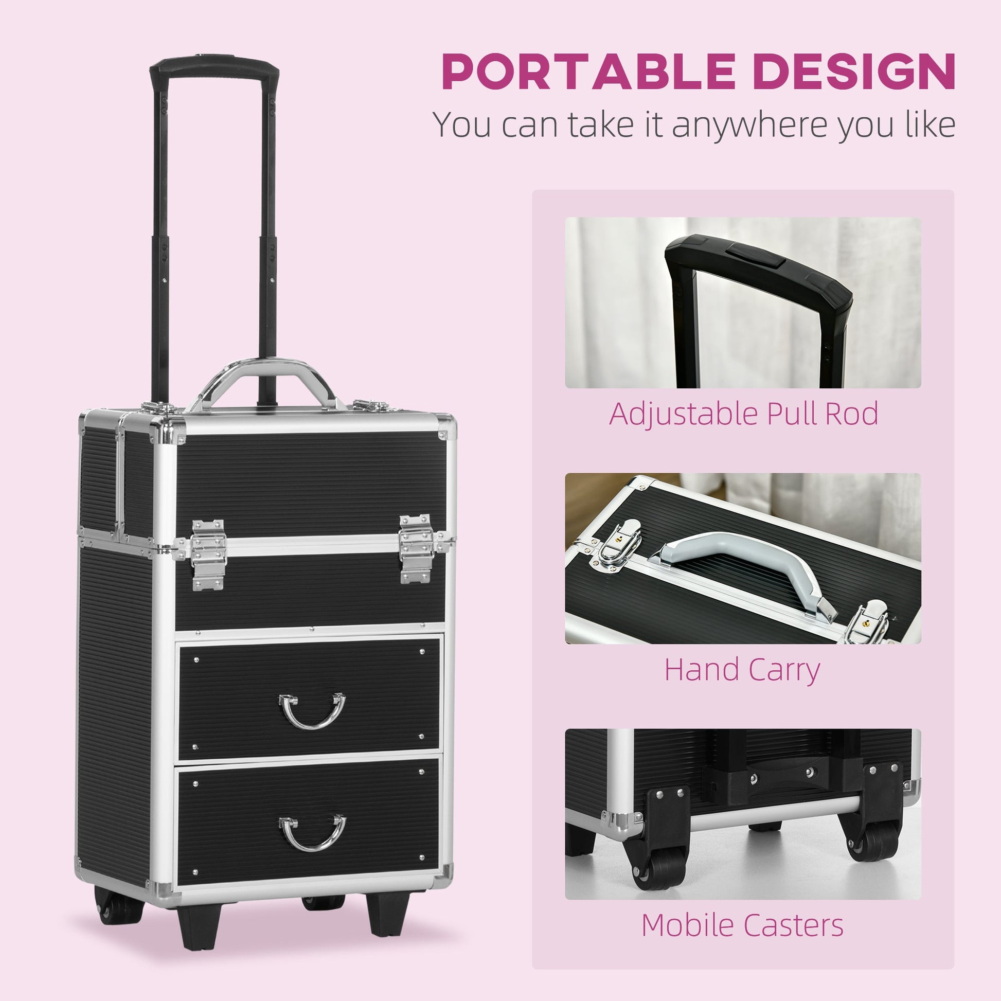 Rolling Makeup Train Case, Large Storage Cosmetic Trolley, Lockable Traveling Cart Trunk with Folding Trays, Swivel Wheels and Keys, Black Makeup Cases   at Gallery Canada