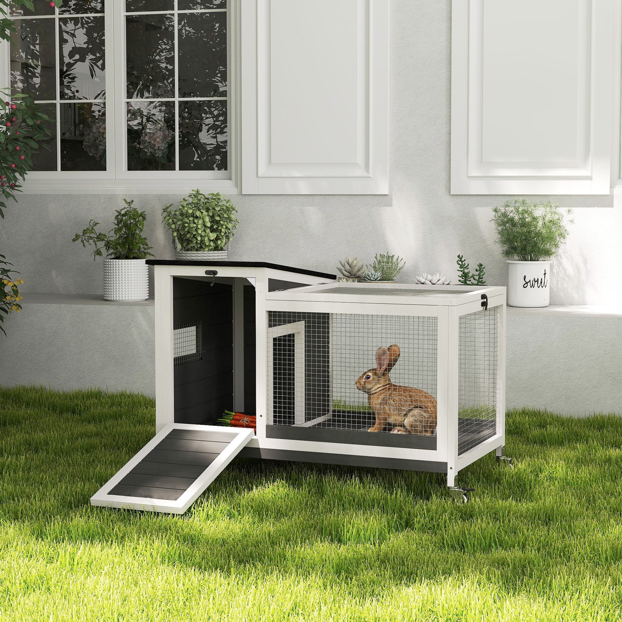 Wooden Rabbit Hutch with Pull-Out Tray, Asphalt Openable Roof, Small Animal Cage on Wheels with Run, Grey Rabbit Hutch at Gallery Canada