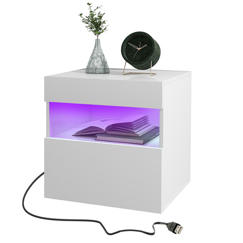 Nightstand with LED Lights, Small Bedside Table with Drawer and Open Shelf