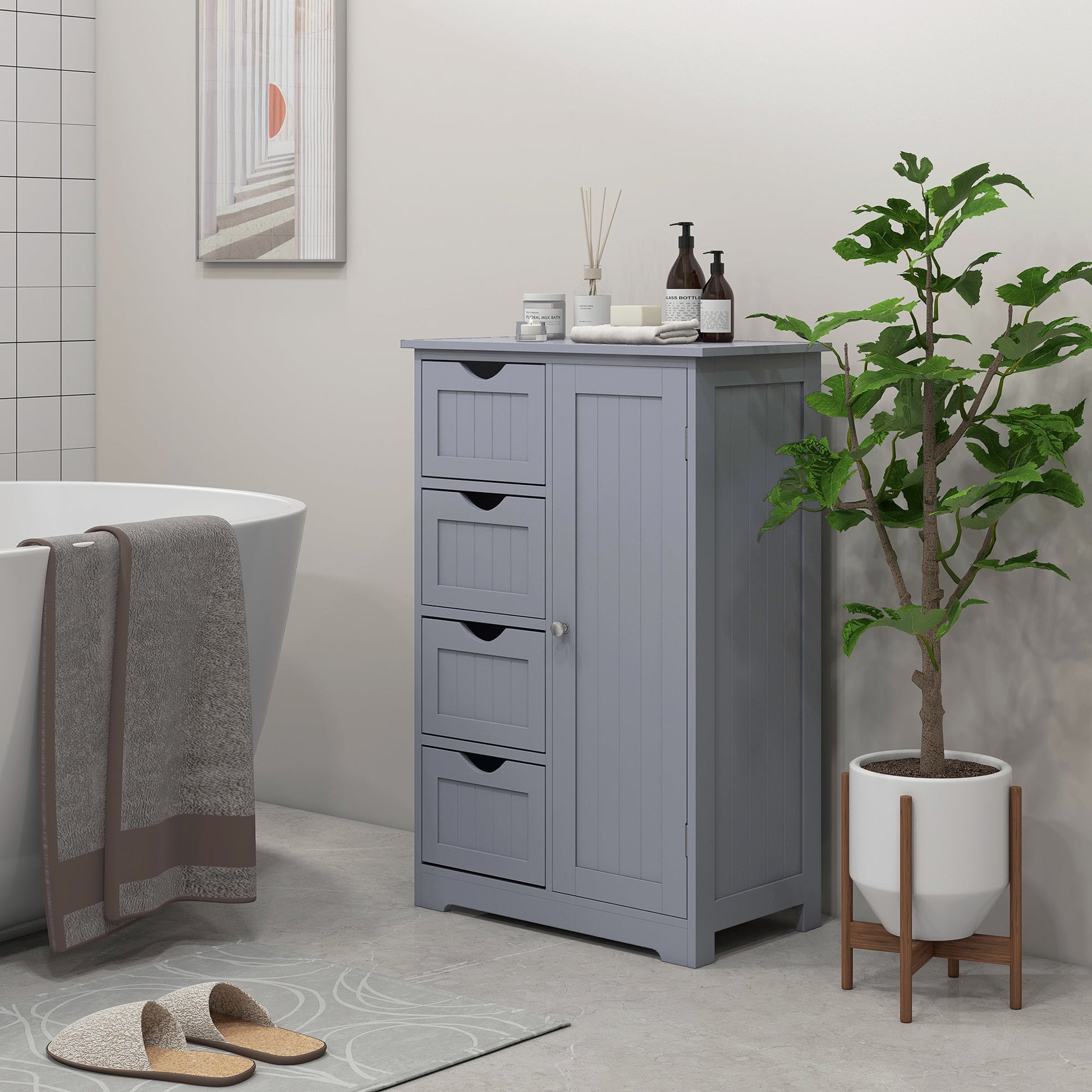 Bathroom Storage Cabinet, Floor Cabinet with Adjustable Shelf and 4 Drawers, Side Cabinet for Washroom, Grey Bathroom Cabinets   at Gallery Canada