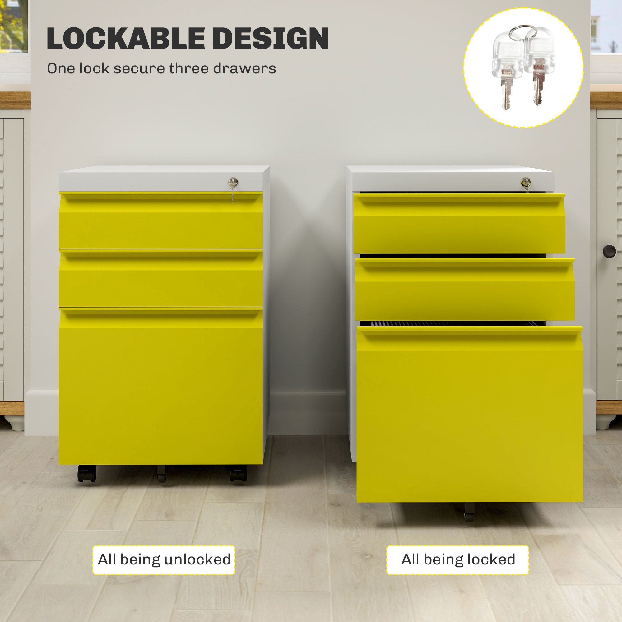 3 Drawer Filing Cabinet, Lockable Office Storage Cabinet on Wheels for Legal, Letter, A4 Files, Yellow Office Cabinets & Cupboards at Gallery Canada