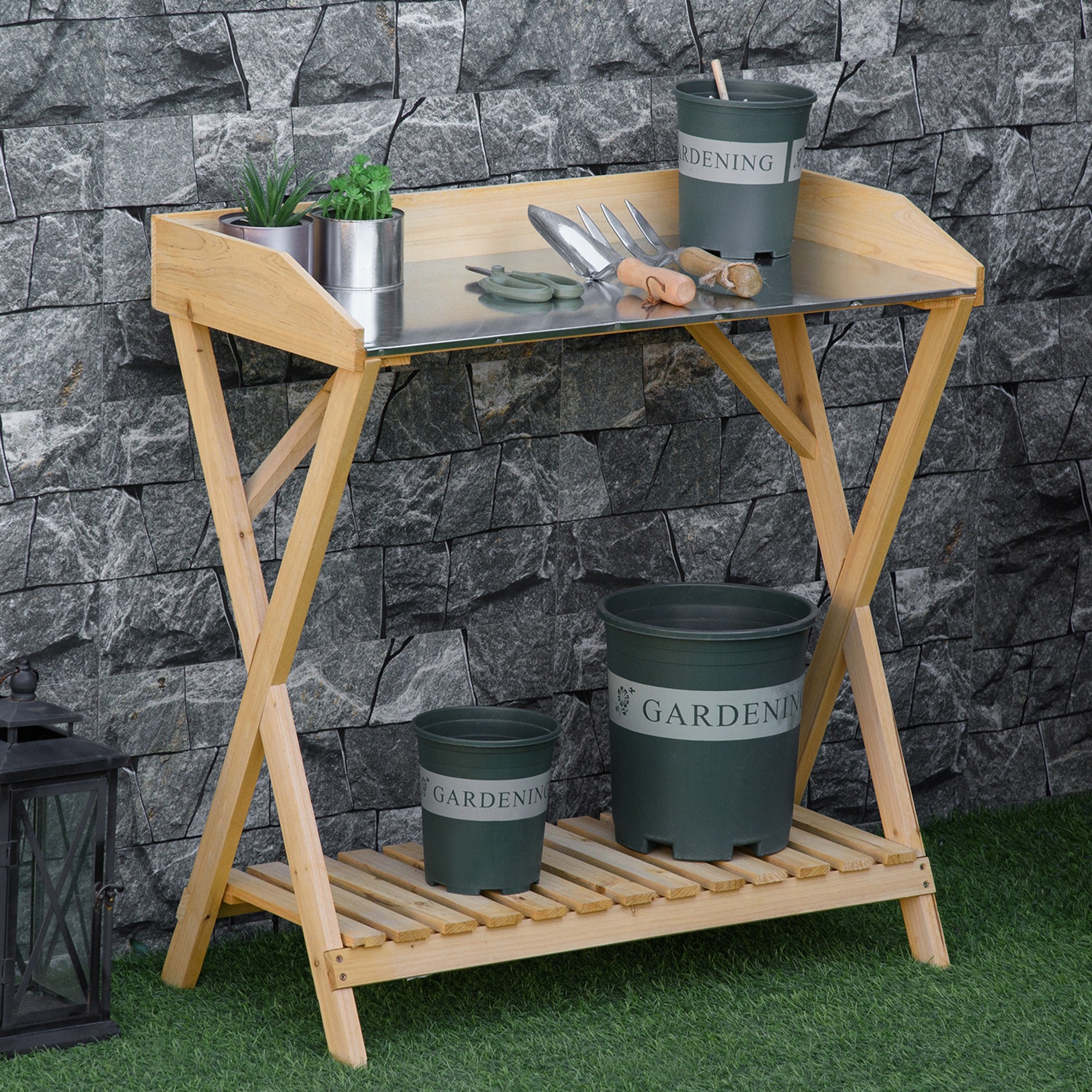 Garden Potting Bench Table, Wooden Work Station, Outdoor Planting Workbench w/ Galvanized Metal Tabletop and Storage Shelf Potting Benches & Tables at Gallery Canada