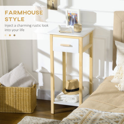 Tall Side Table, Slim Bedside Table with Drawer and Bottom Shelf, Narrow End Table with Storage and Pine Wood Frame for Small Spaces, White Side Tables   at Gallery Canada