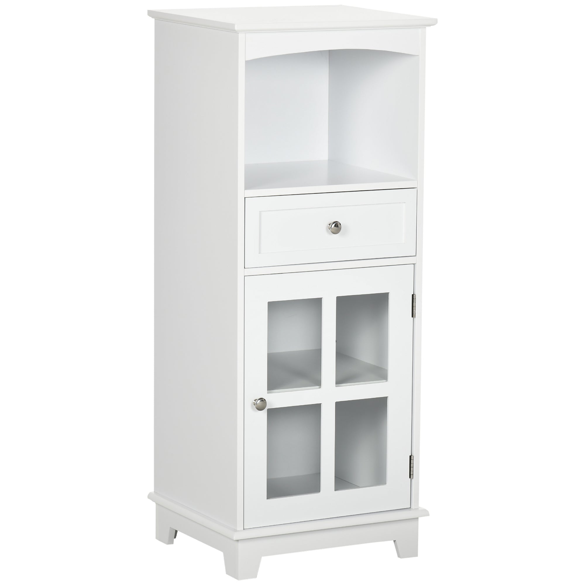 Bathroom Floor Cabinet with Drawer, Glass Door Side Cabinet, Multifunctional Corner Unit with Adjustable Shelf for Home Office, Living Room, White Bathroom Cabinets White  at Gallery Canada