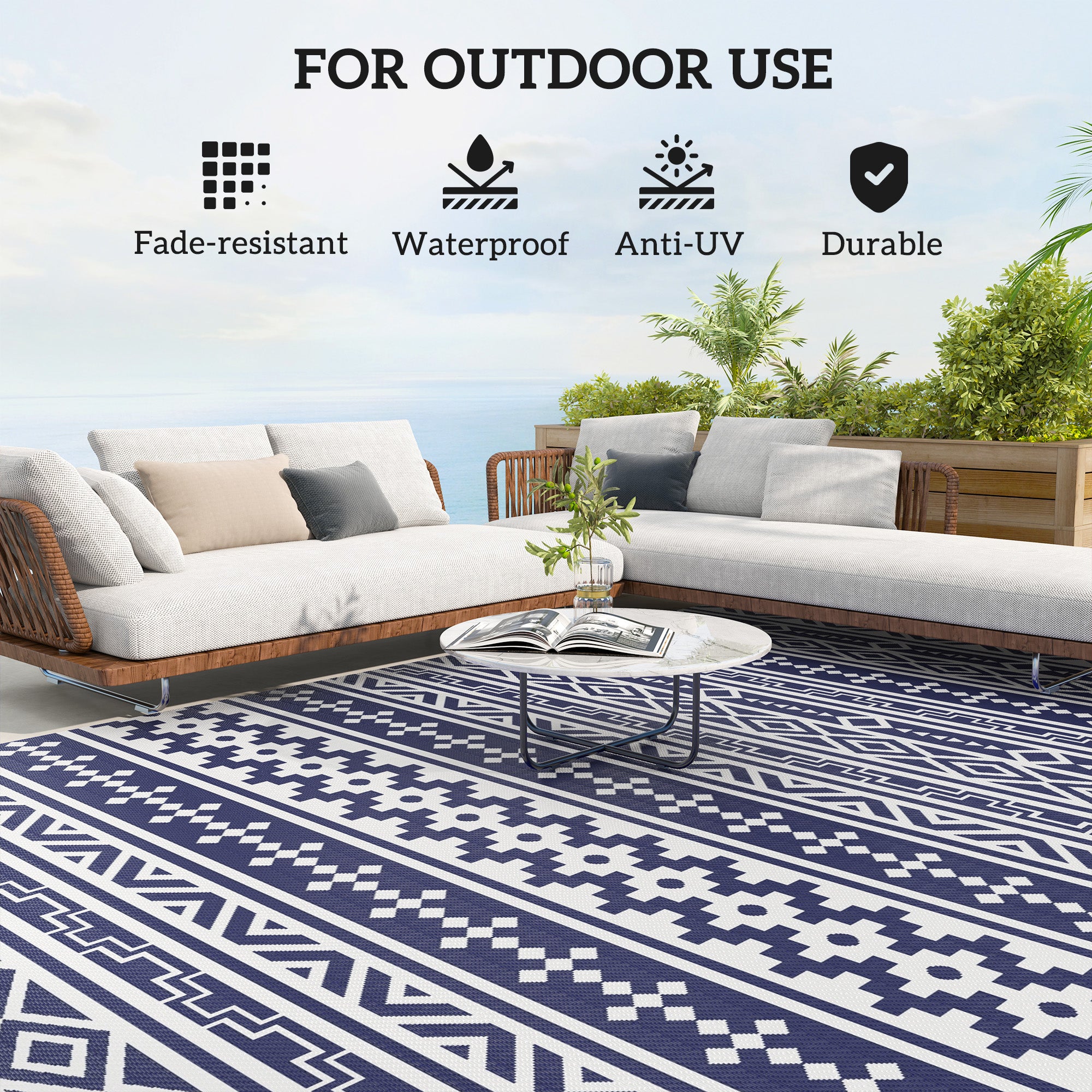 9' x 18' Outdoor RV Rug, Reversible Patio Floor Mat with Carry Bag, Geometric Wall, Blue and White Garden Decor at Gallery Canada
