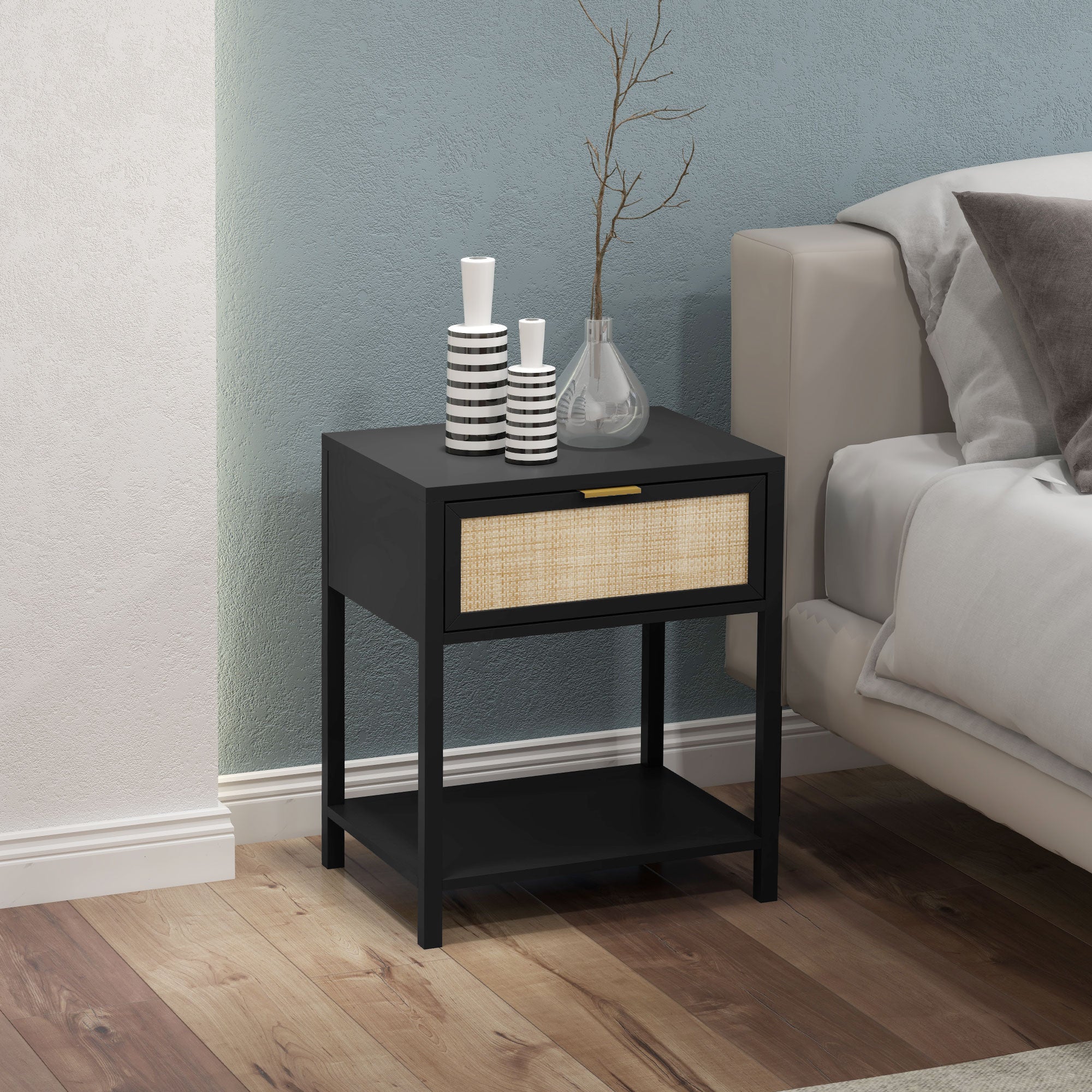 Boho Nightstand, Bedside Table with Rattan Drawer and Open Shelf, Side End Table for Bedroom, Living Room, Black Bedside Tables at Gallery Canada