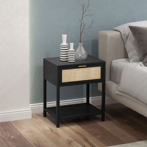 Boho Nightstand, Bedside Table with Rattan Drawer and Open Shelf, Side End Table for Bedroom, Living Room, Black