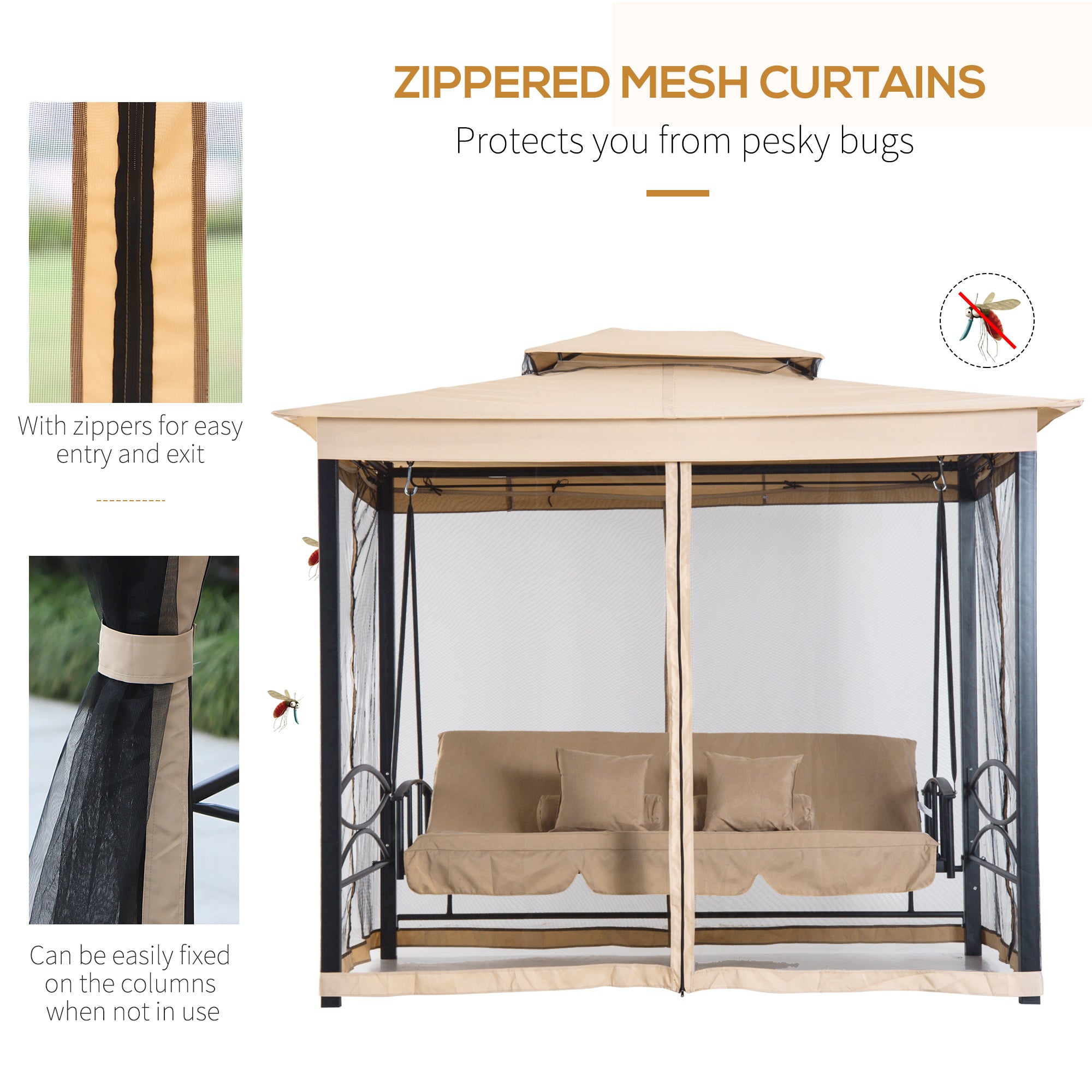 3 Person Outdoor Patio Daybed 3 in 1 Canopy Gazebo Swing Chair Garden Hammock with Mesh Mosquito Net and Sun Shade, Beige Porch Swings with Canopy at Gallery Canada