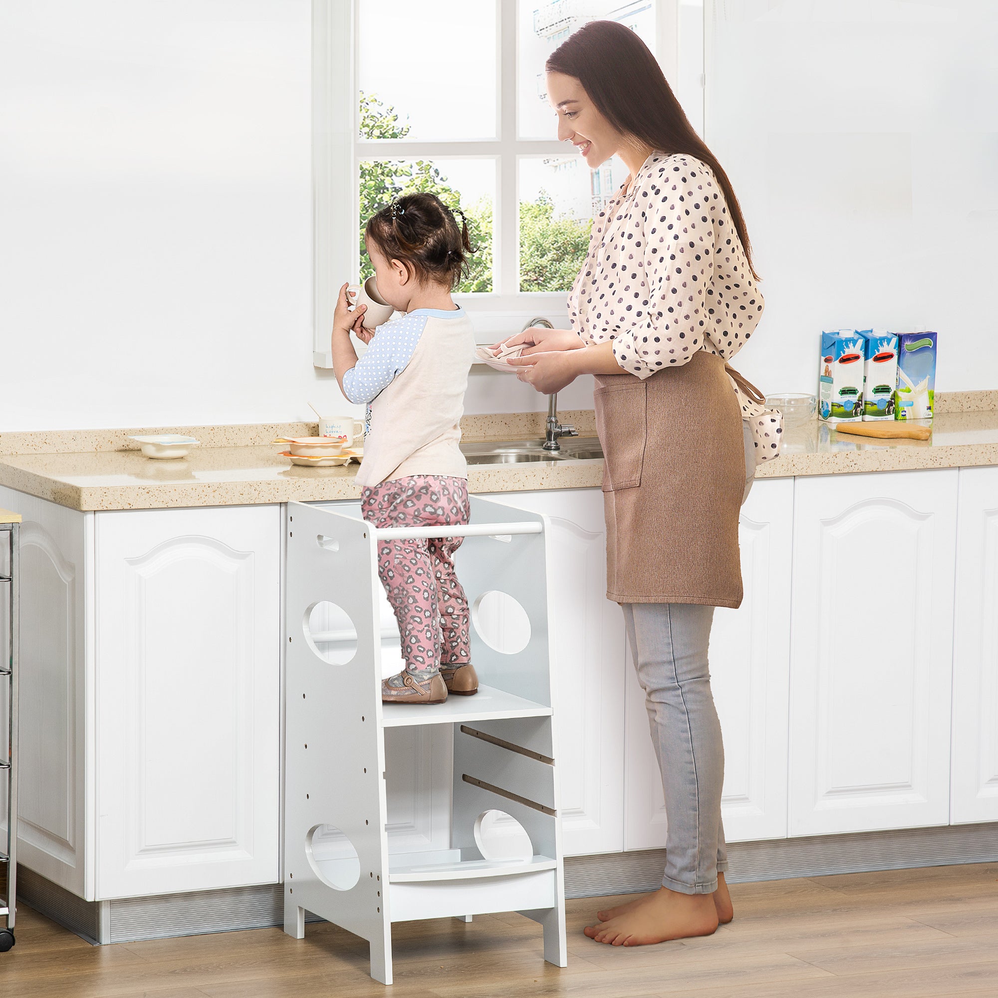 Toddler Tower Kitchen Helper with 3-Level Adjustable Height, Heavy-Duty Kids Step Stool with Safety Rail, White Toddler & Kids Step Stools at Gallery Canada