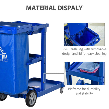 Commercial Janitorial Cart with 3 Tier Shelves Professional Cleaning Trolley with Rubbish Bag and Mop Mount for Hotel, Restaurant, Office, Blue Household Supplies   at Gallery Canada