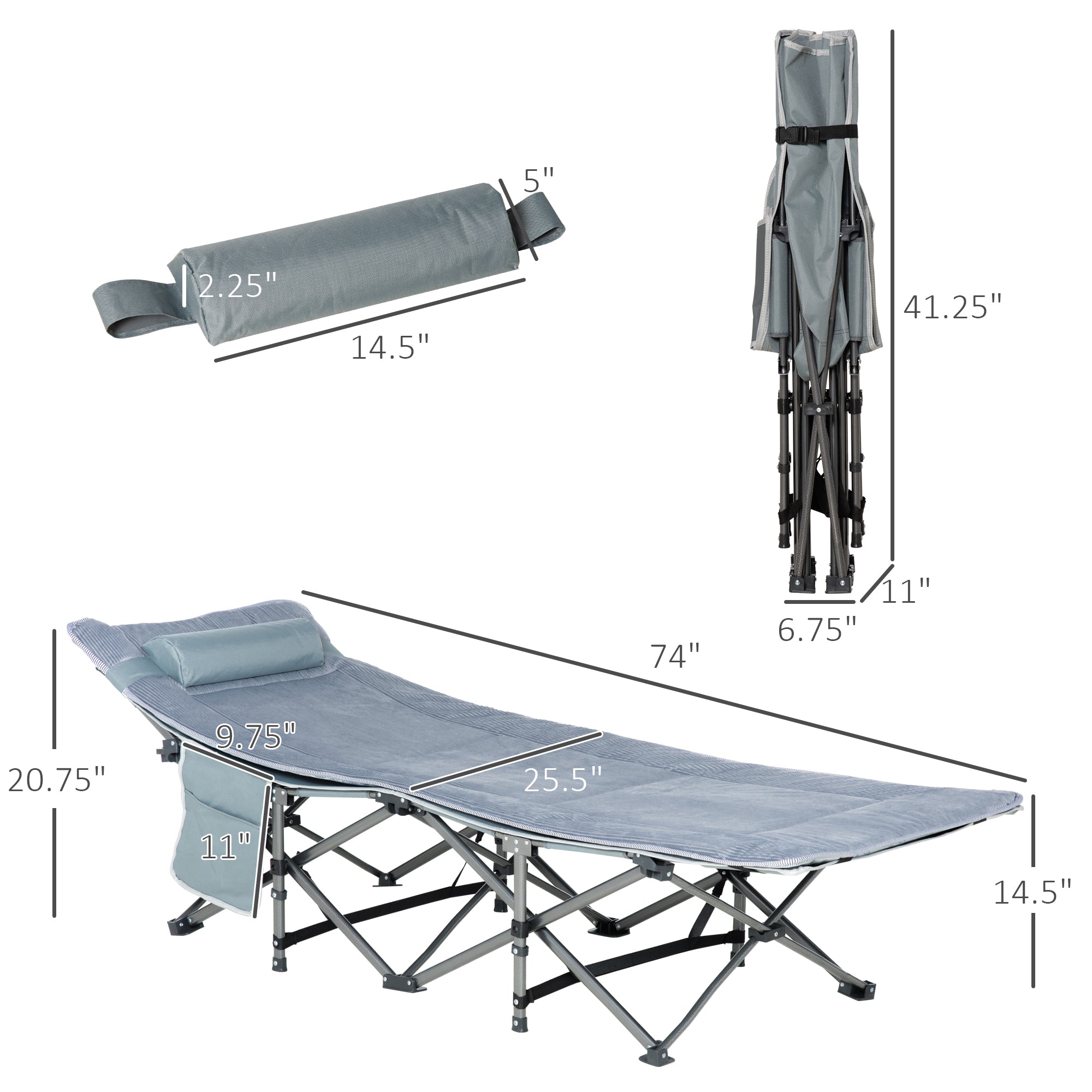 Folding Camping Cot with Mattress &; Pillow, Double Layer Oxford Heavy Duty Sleeping Cot with Carry Bag Dark Grey Camping Cots at Gallery Canada
