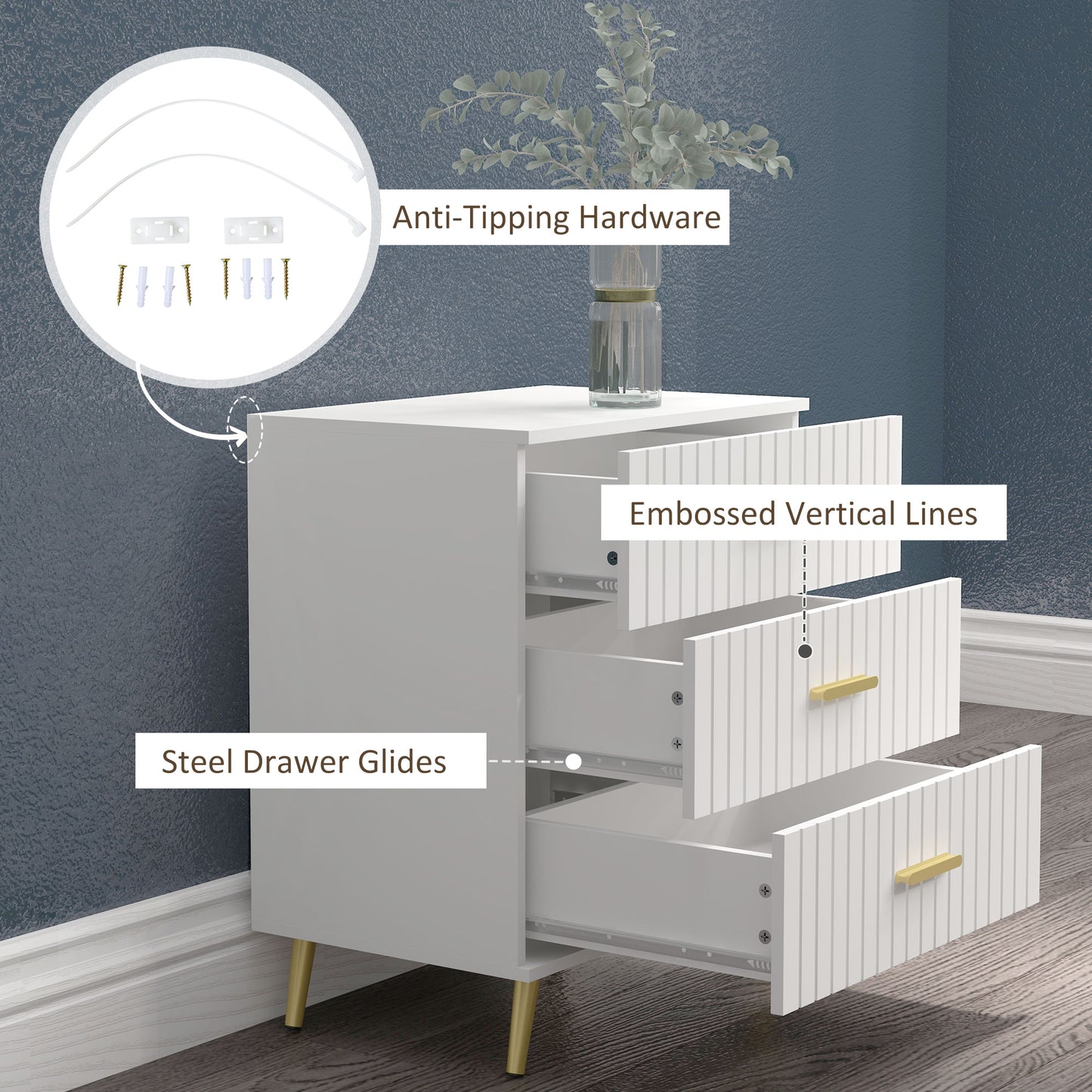 3 Drawer Cabinet, Drawer Chest for Bedroom, Chest of Drawers with Aluminium Legs and Gold Handles, White Storage Cabinets   at Gallery Canada