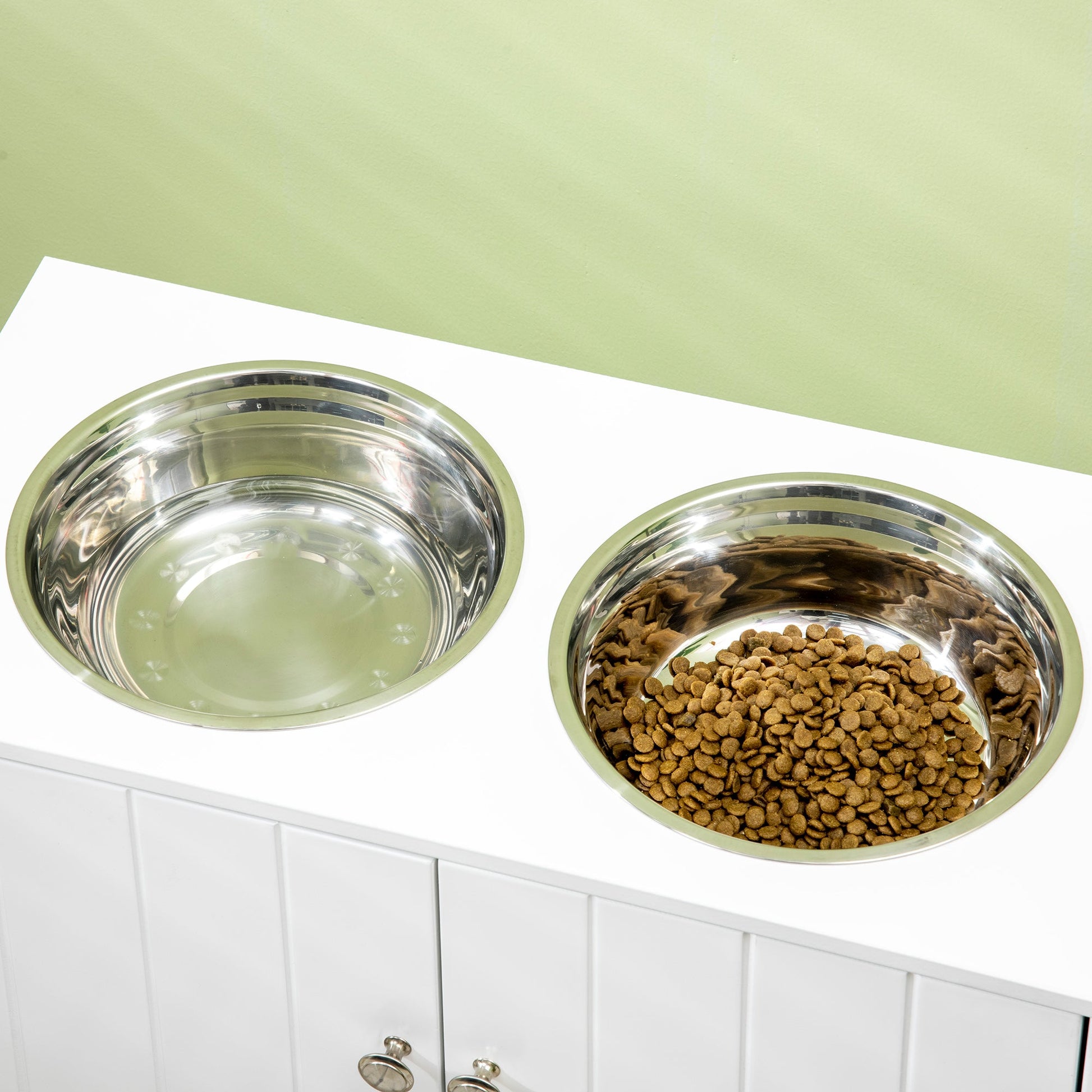 Elevated Dog Bowls for Large Dogs Pet Feeding Station with Stand, Storage, 2 Stainless Steel Food and Water Bowls, White, 23.6" x 11.8" x 14" Dog Bowls   at Gallery Canada