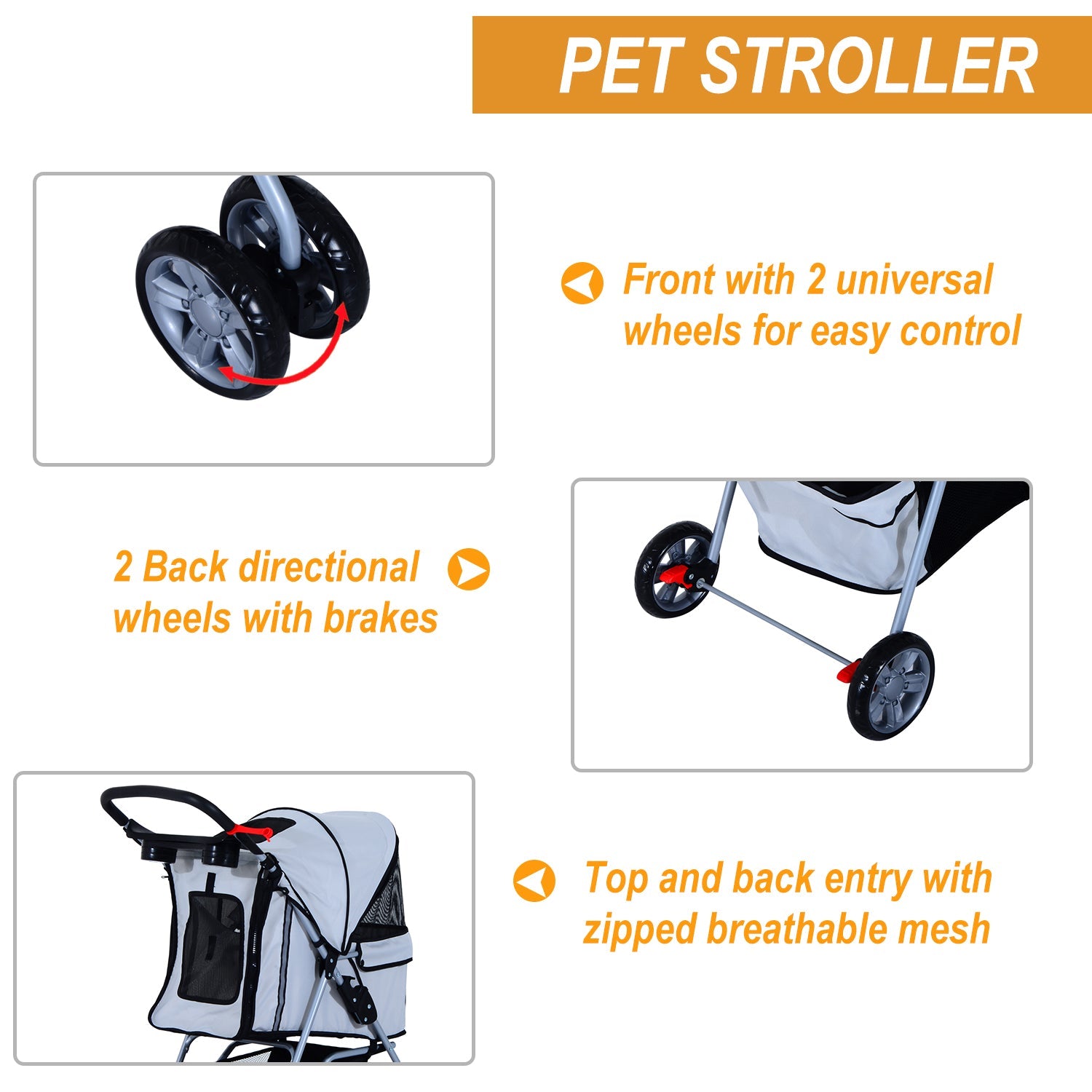 4 Wheel Dog Pet Stroller Dog Cat Carrier Folding Sunshade Canopy with Brake, Grey Dog Bike Trailers & Strollers   at Gallery Canada