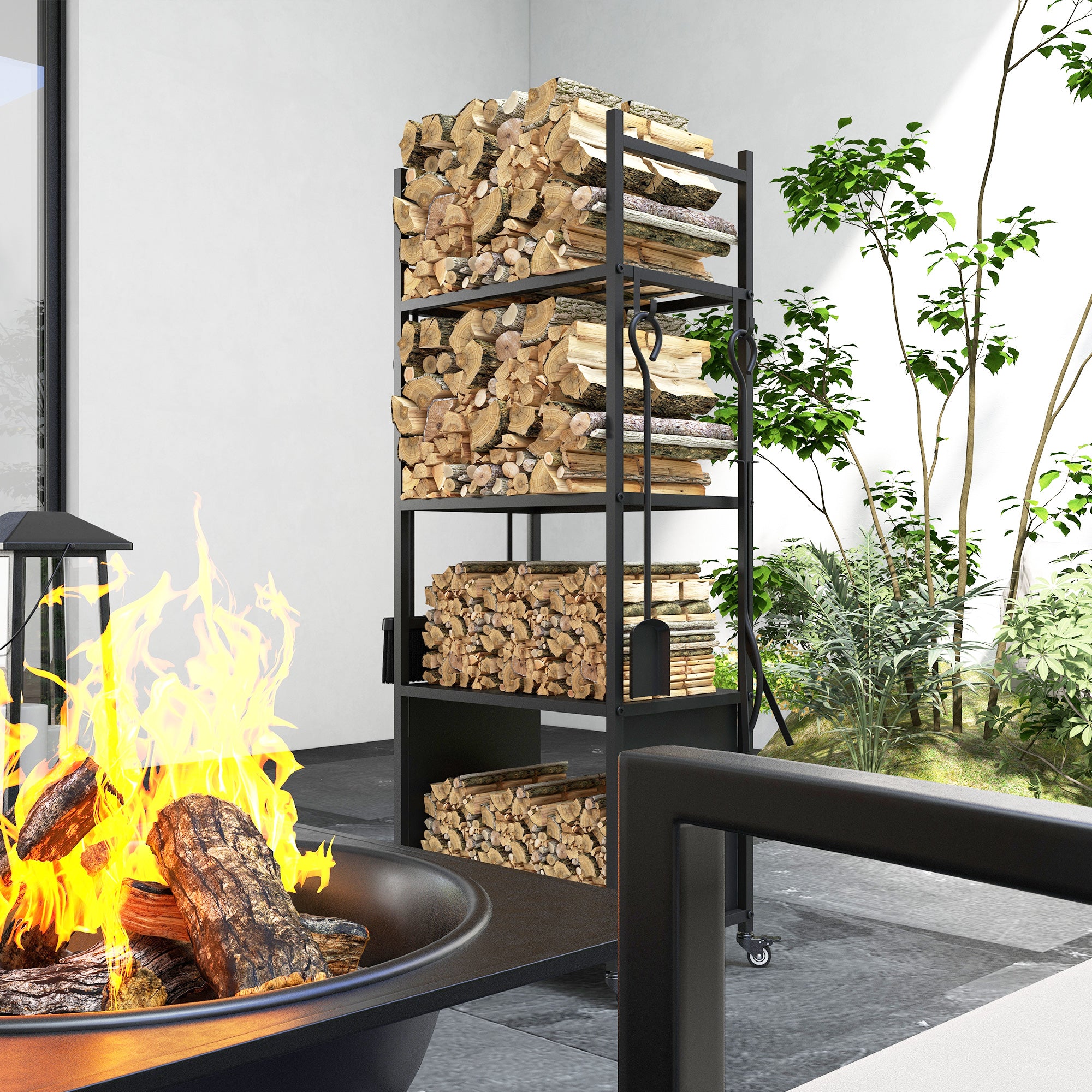 4-Tier Outdoor Indoor Firewood Rack with Wheels and 4 Tools, Powder-Coated Steel Wood Storage Rack Log Holder Firewood Racks at Gallery Canada