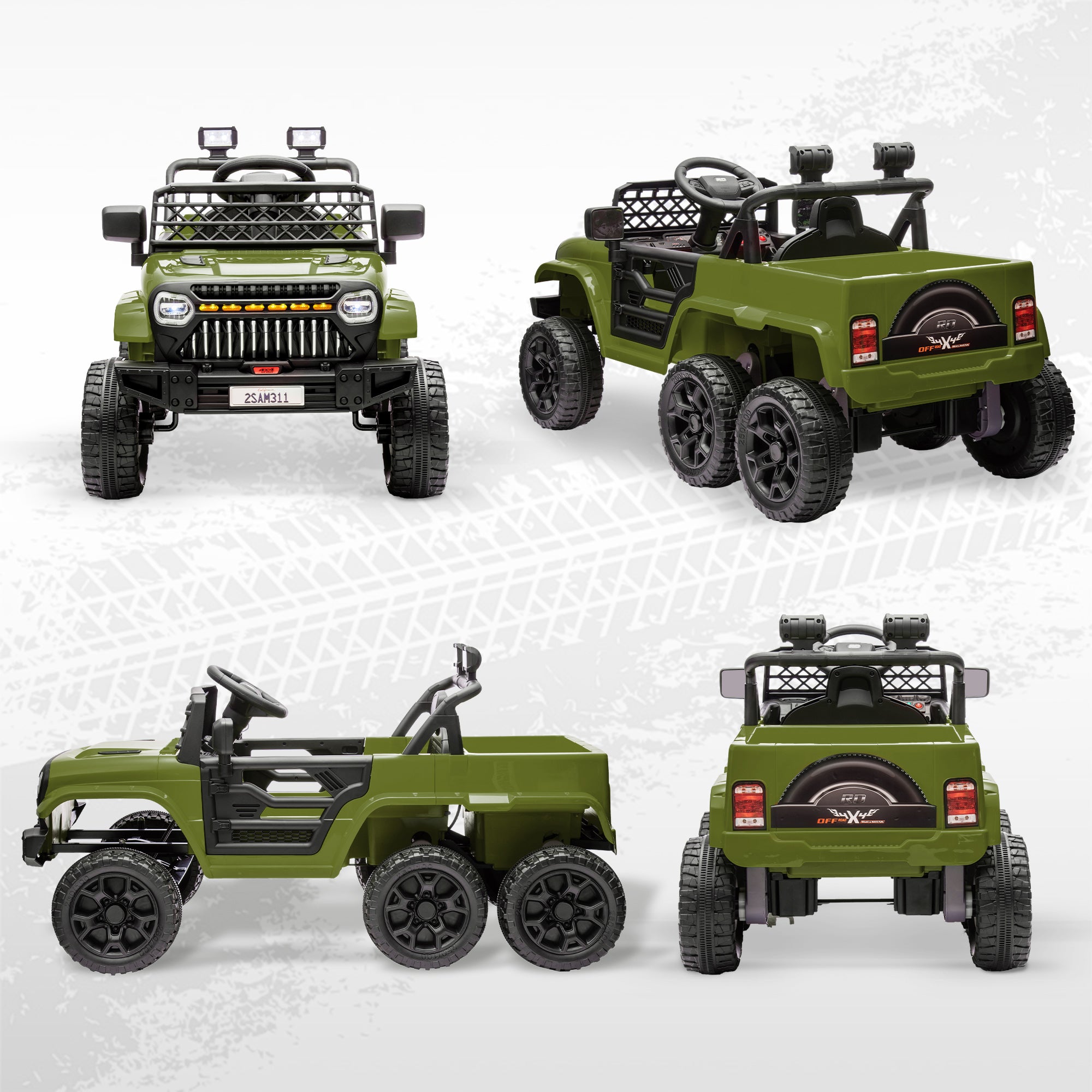 12V 4WD/2WD Kids Electric Car w/ Remote Control, Spring Suspension, Back Trailer, Light, Music, Soft Start, Dark Green Electric Toy Cars   at Gallery Canada