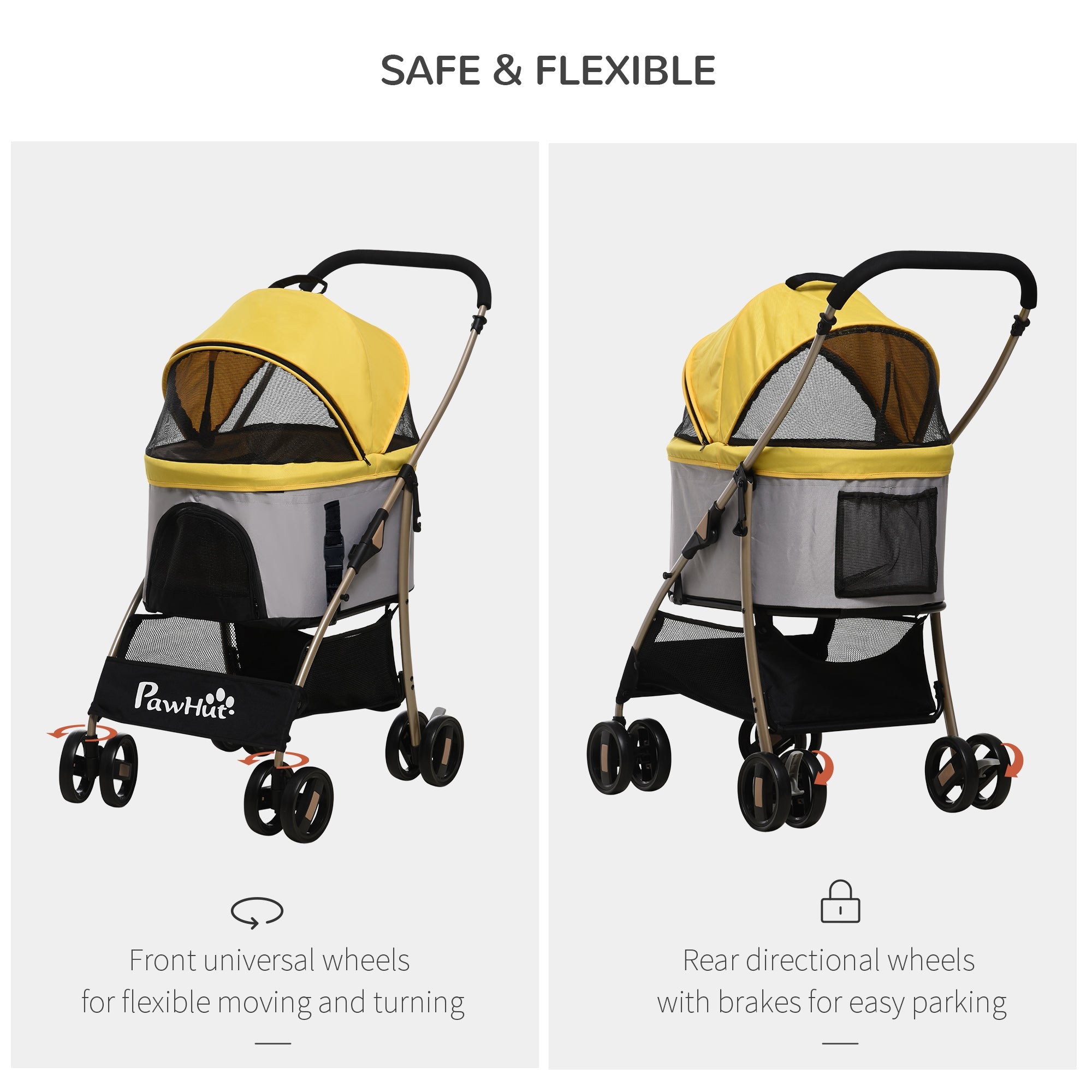 4 Wheels Pet Stroller, 3 in 1 Dog Cat Travel Folding Carrier, for Small Dogs, Detachable, w/ Brake, Canopy, Basket, Storage Bag - Yellow Dog Bike Trailers & Strollers   at Gallery Canada