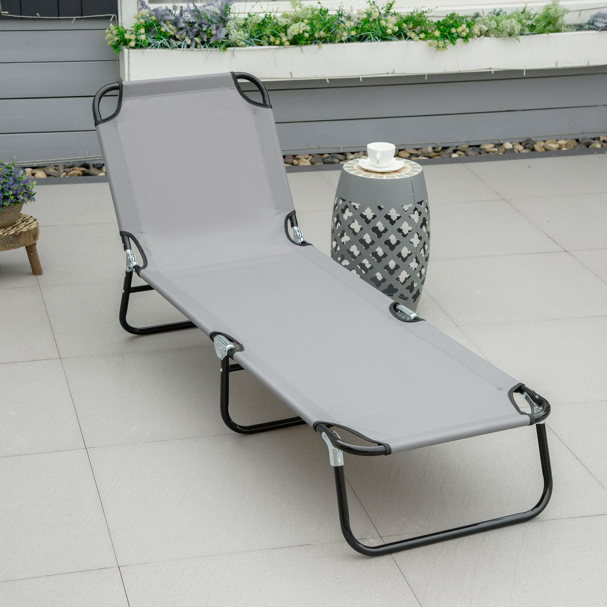 Outdoor Folding Lounge Chair, Steel Tanning Chair with Reclining Back, Breathable Mesh for Beach, Yard, Patio, Grey Lounger Chairs Grey  at Gallery Canada