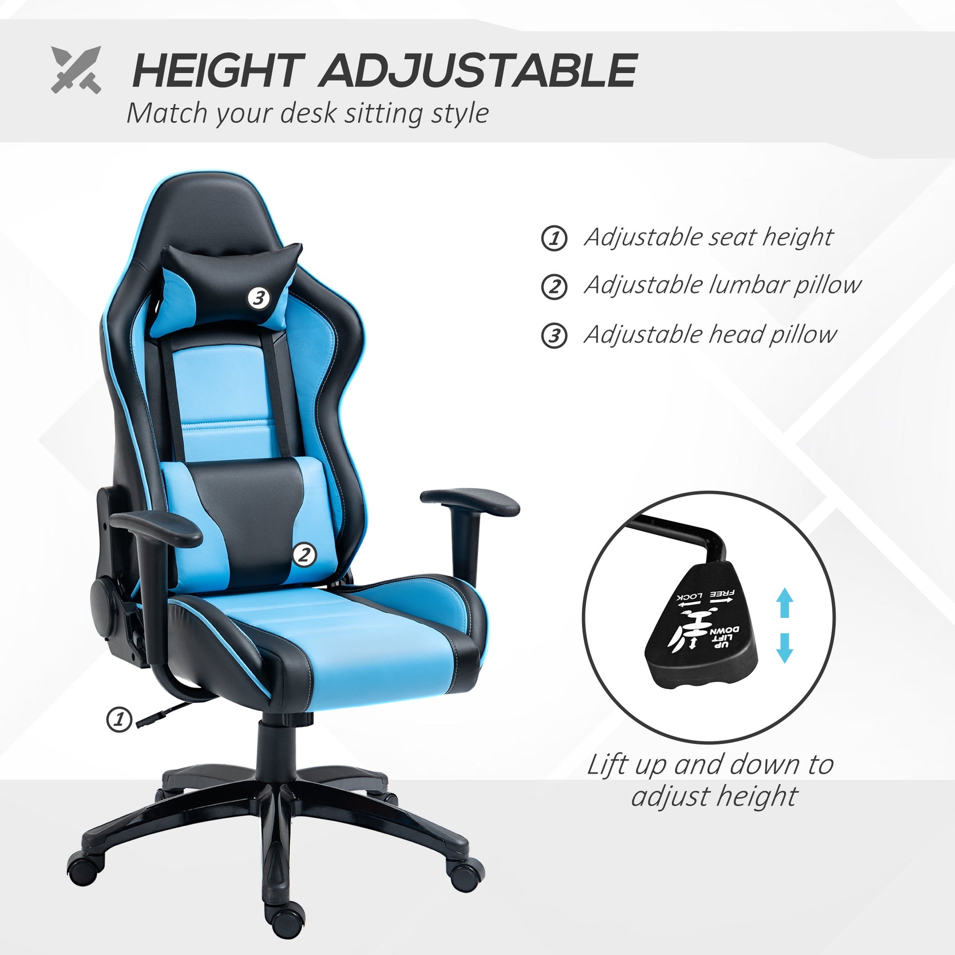 High Back Gaming Chair PU Leather Office Chair Desk Gamer Chair with Lumbar Support, Headrest, Adjustable Height, Blue and Black Video Game Chairs   at Gallery Canada