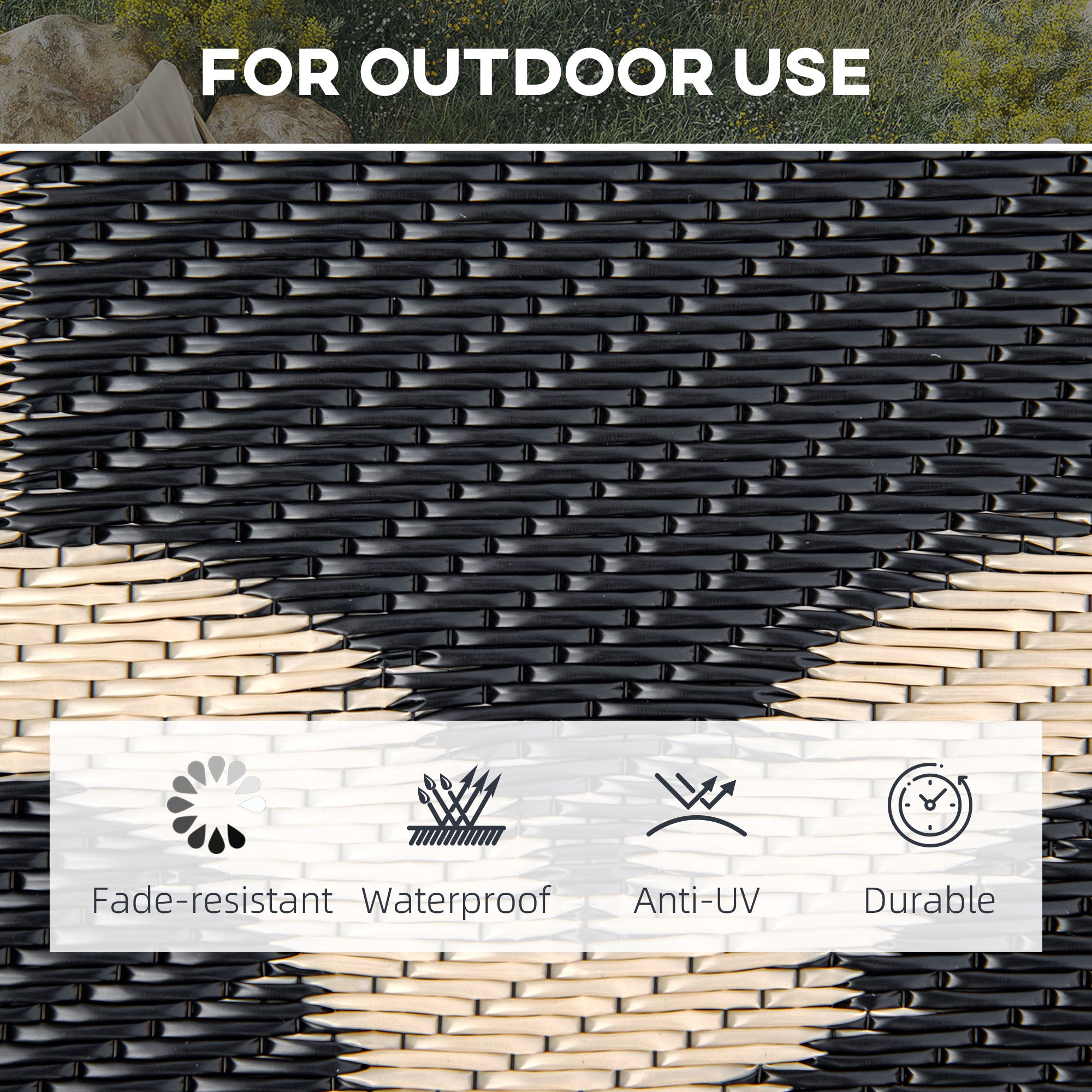 Reversible Outdoor RV Rug, 9' x 18' Patio Floor Mat, Plastic Straw Rug for Backyard, Deck, Picnic, Beach, Camping, Black and Beige Outdoor Reversible Rugs at Gallery Canada