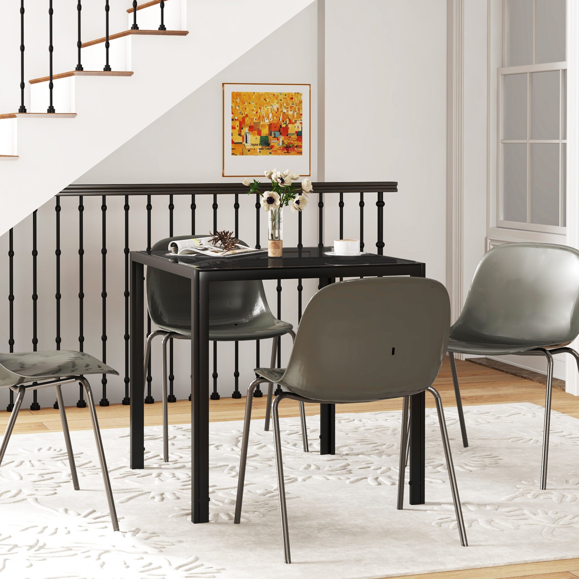 Square Kitchen Table for 2-4 People, Dining Table with Glass Top and Steel Legs for Dining Room, Black Dining Tables   at Gallery Canada