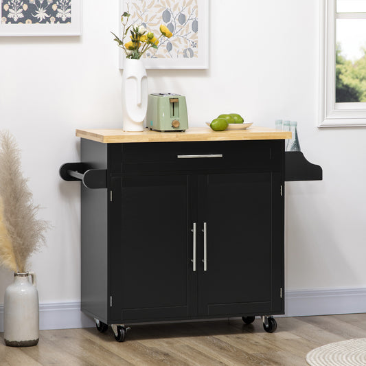 Kitchen Island with Storage, Rolling Cart Trolley with Rubberwood Top, Adjustable Shelf, Drawer, Spice Rack, Black Kitchen Islands & Kitchen Carts   at Gallery Canada