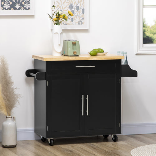 Kitchen Island with Storage, Rolling Cart Trolley with Rubberwood Top, Adjustable Shelf, Drawer, Spice Rack, Black