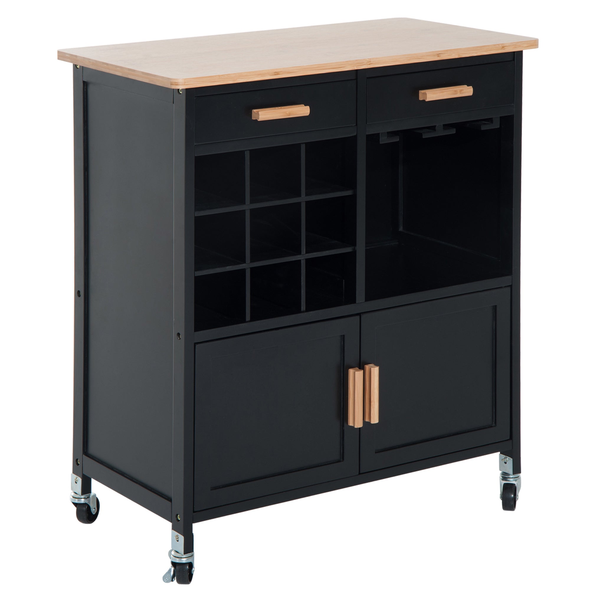 Portable Kitchen Trolley with Bamboo Top Storage Cabinet and Wine Rack (Black ) Kitchen Islands & Kitchen Carts Multi Colour  at Gallery Canada