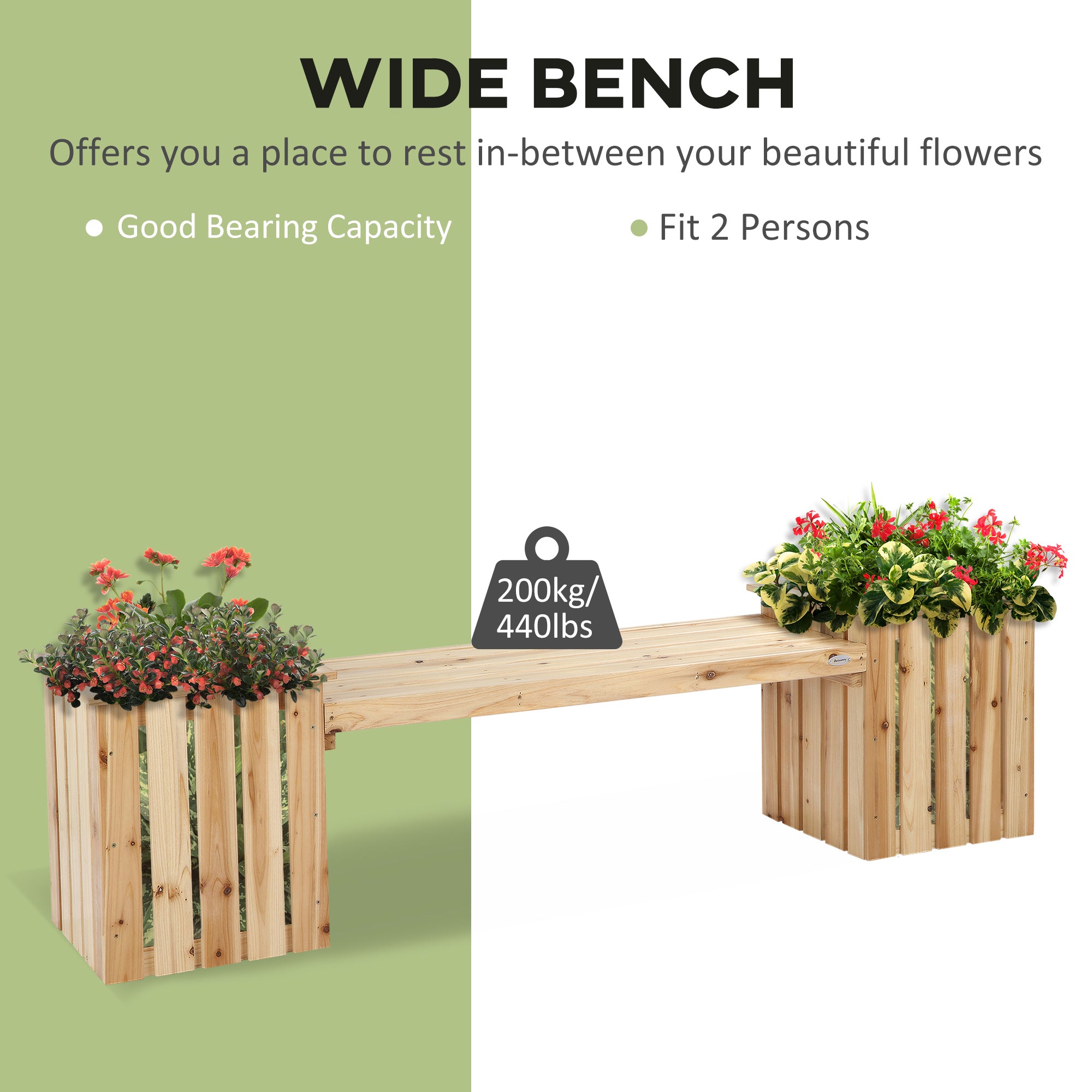 Outdoor Wooden Garden Stool Bench with 2 Planters, Natural Wood Outdoor Benches   at Gallery Canada