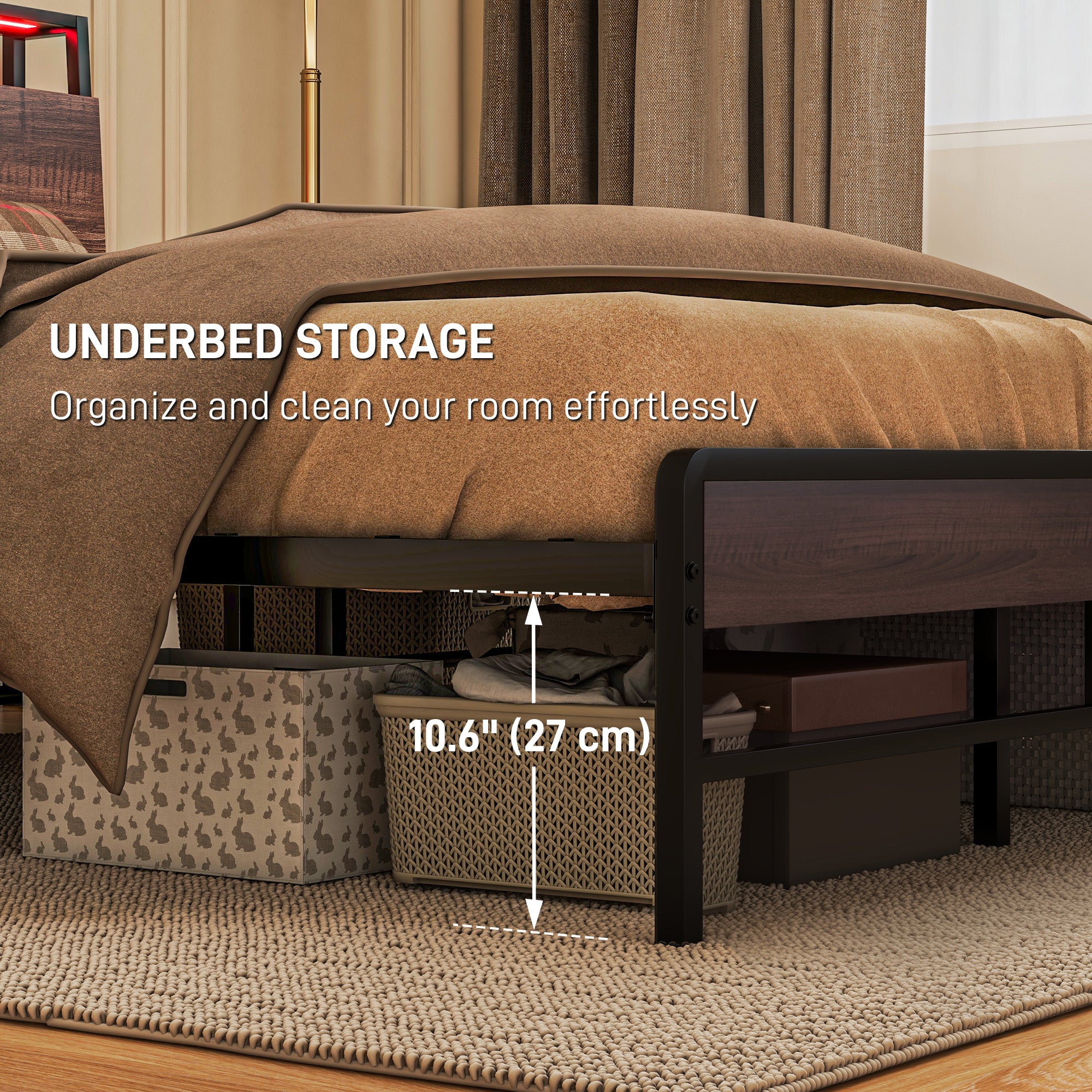 Full Size Bed Frame with LED Lights and Charging Station, Full Bed Frame with Storage Headboard, Noise-Free, Walnut Bedroom Furniture   at Gallery Canada