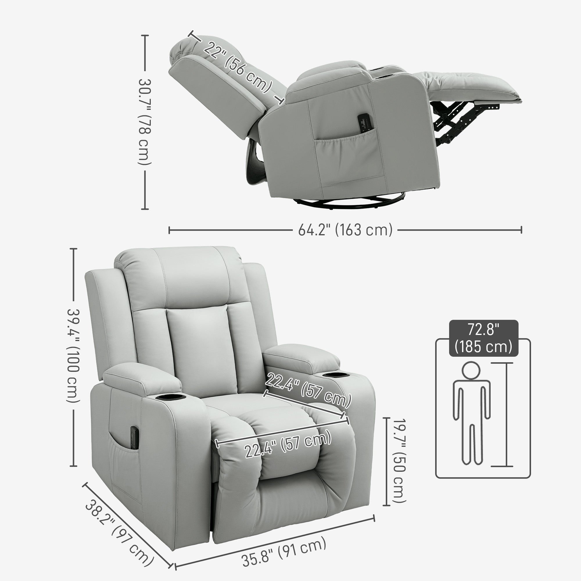 Recliner Chair with 8 Vibration, Overstuffed PU Leather Reclining Chair with Wide Seat, Cup Holders, Rocking, Light Grey Sofas & Reclining Chairs at Gallery Canada