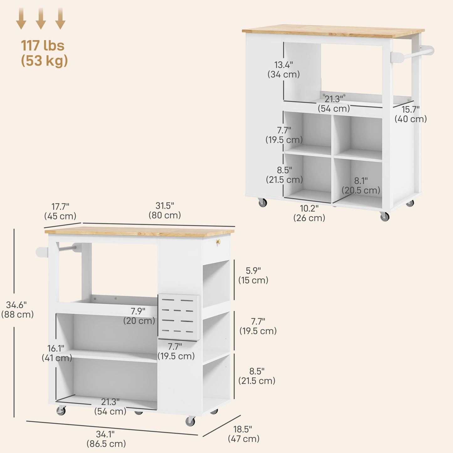 Kitchen Island Table Kitchen Cart with Rubberwood Top, Adjustable Shelves, Knife Rack, Towel Rack, Cabinet, White Kitchen Islands & Kitchen Carts   at Gallery Canada