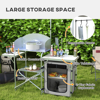 Folding Camping Table with Storage Organizer Aluminum Portable Camping Kitchen with Windshield Light Stand Bag Silver - Gallery Canada