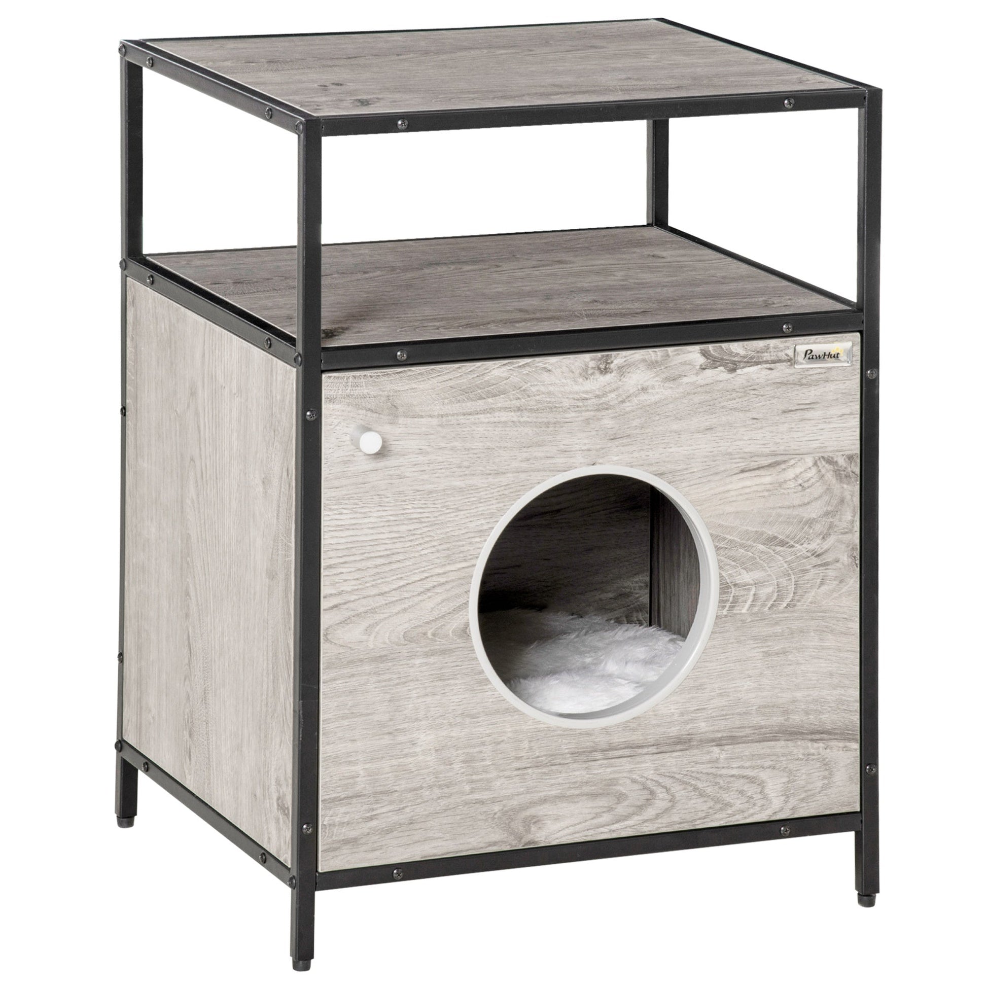 Wooden Cat House Kitty Shelter Bed with Washable Cushion and Open Shelf, Grey, 19" x 15.75" x 25.75" Cat Houses Multi Colour  at Gallery Canada