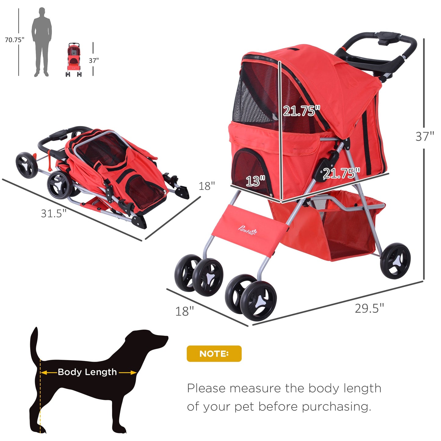 Foldable Pet Stroller Carrier with 4 Wheels, Cup Holder, Storage Basket, Red Dog Bike Trailers & Strollers   at Gallery Canada