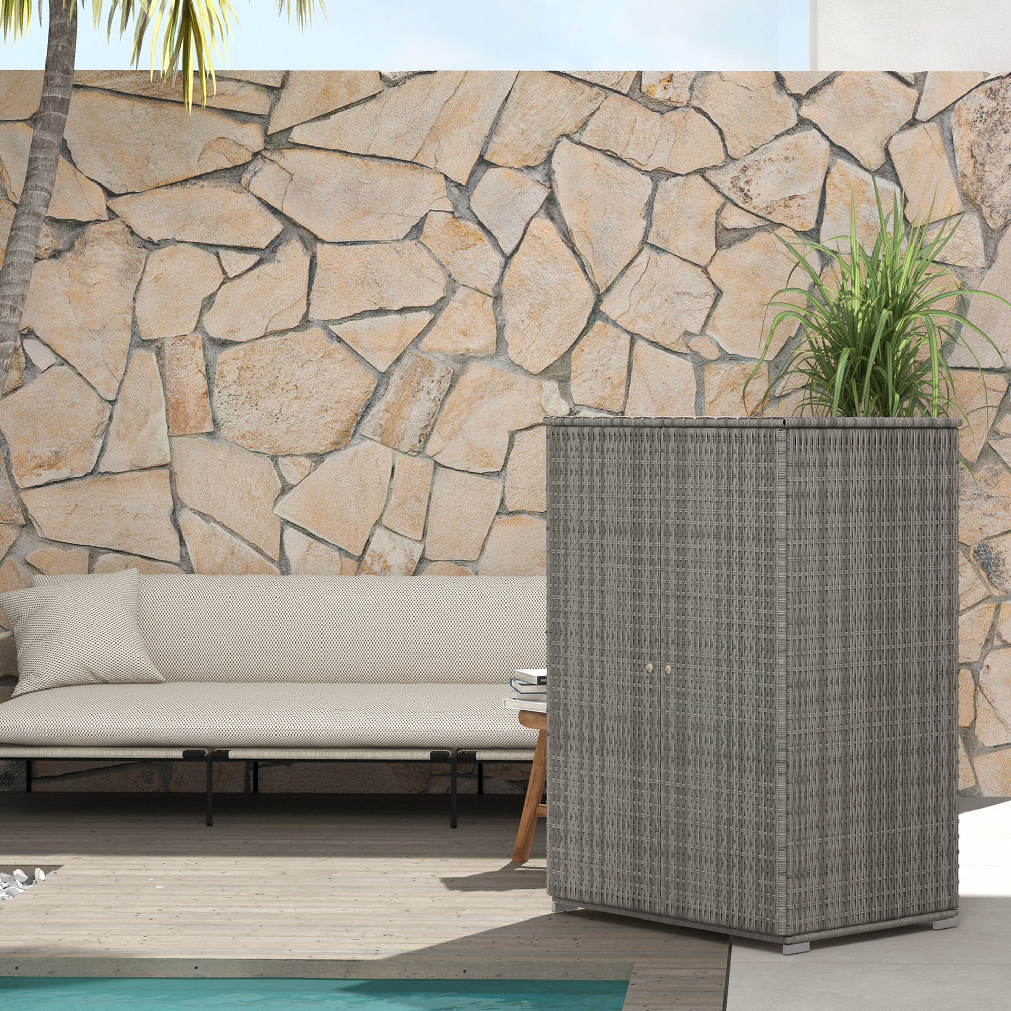 Wicker Outdoor Storage Cabinet, 2-Door Rattan Pool Towel Storage Cabinet with Drawer &; Removable Shelf, Dark Grey Patio Storage Boxes at Gallery Canada