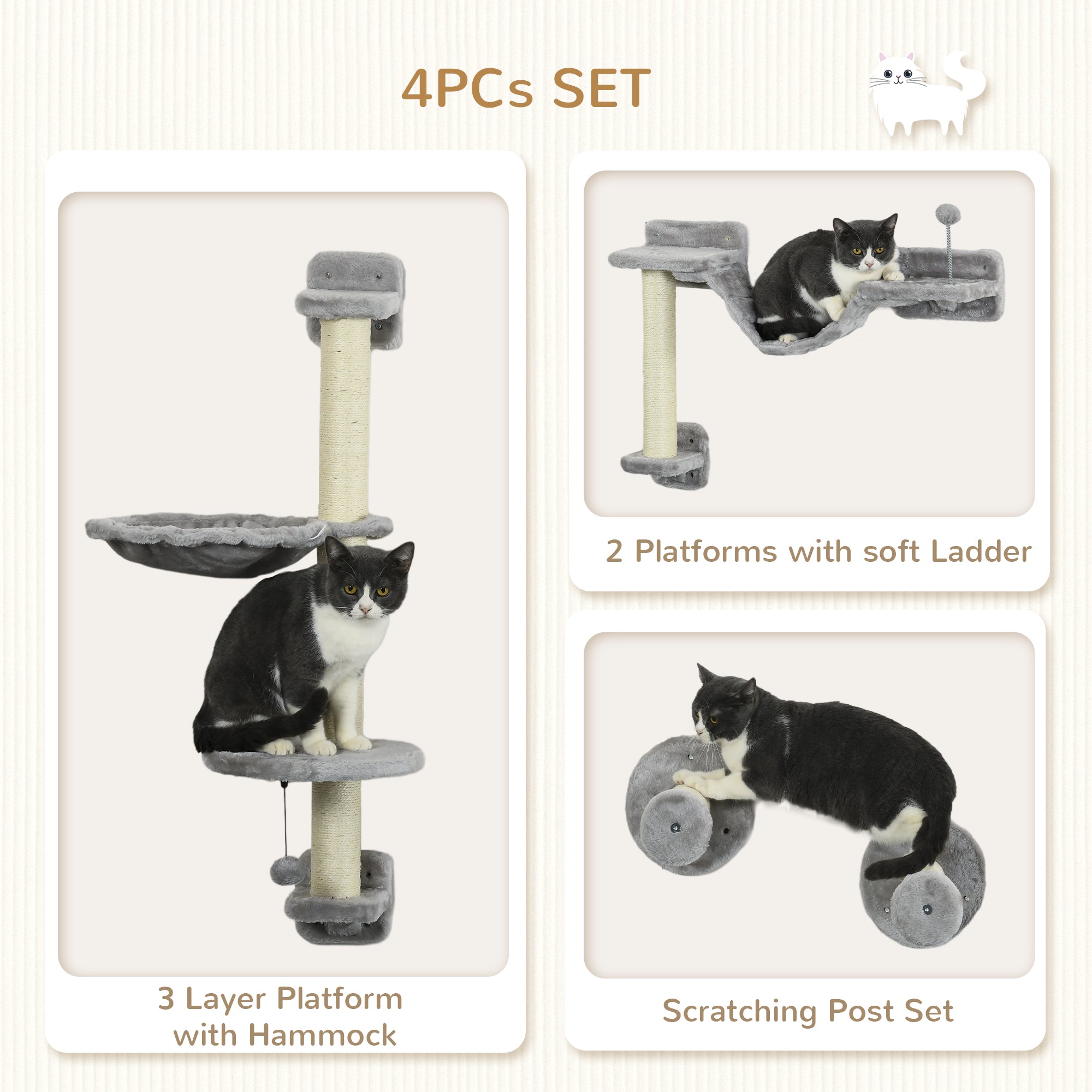 4PCs Cat Wall Shelves with Hammock, Scratching Post, Ladder, Steps, Platforms, Toy Balls, Grey Cat Climbing Wall   at Gallery Canada