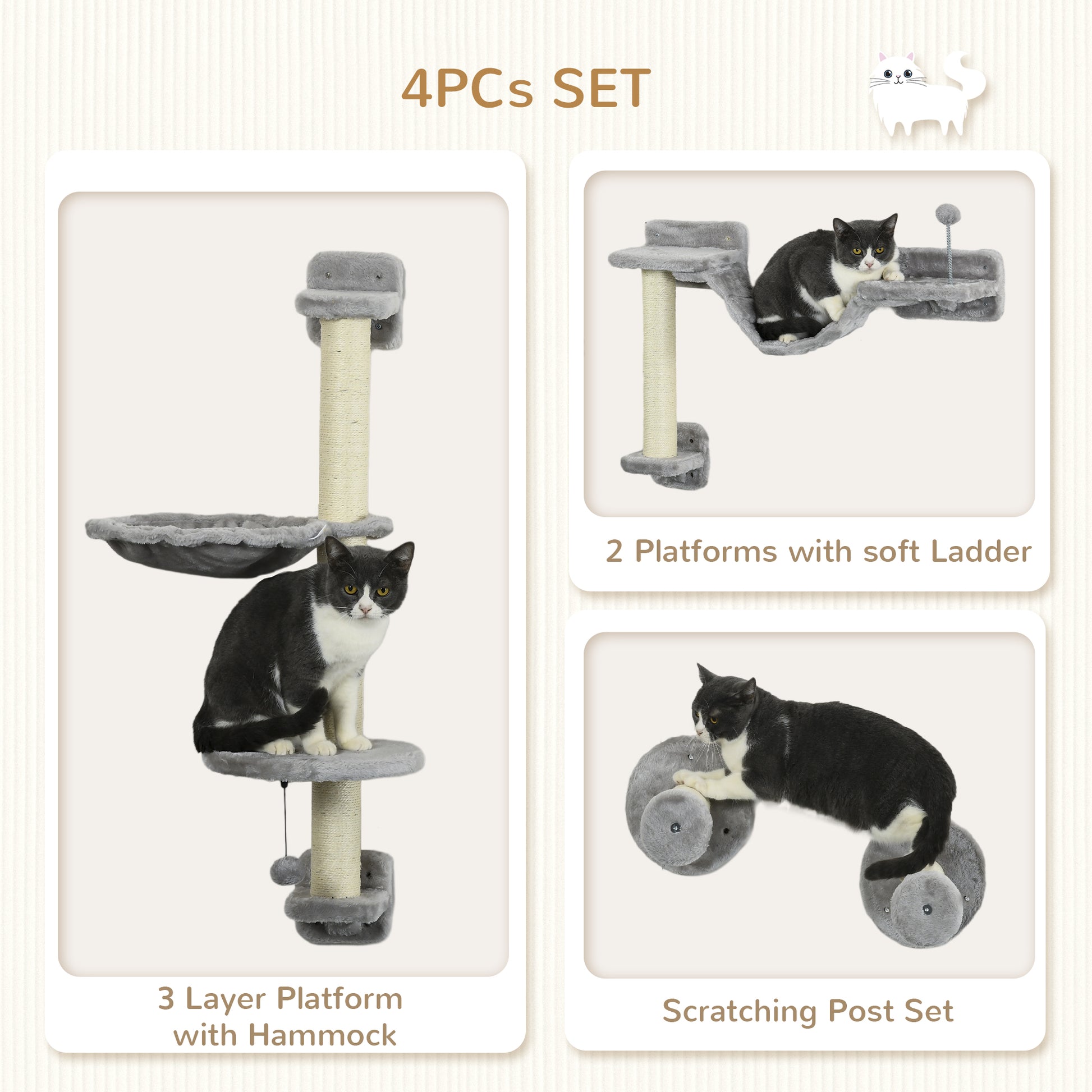 4PCs Cat Wall Shelves with Hammock, Scratching Post, Ladder, Steps, Platforms, Toy Balls, Grey - Gallery Canada