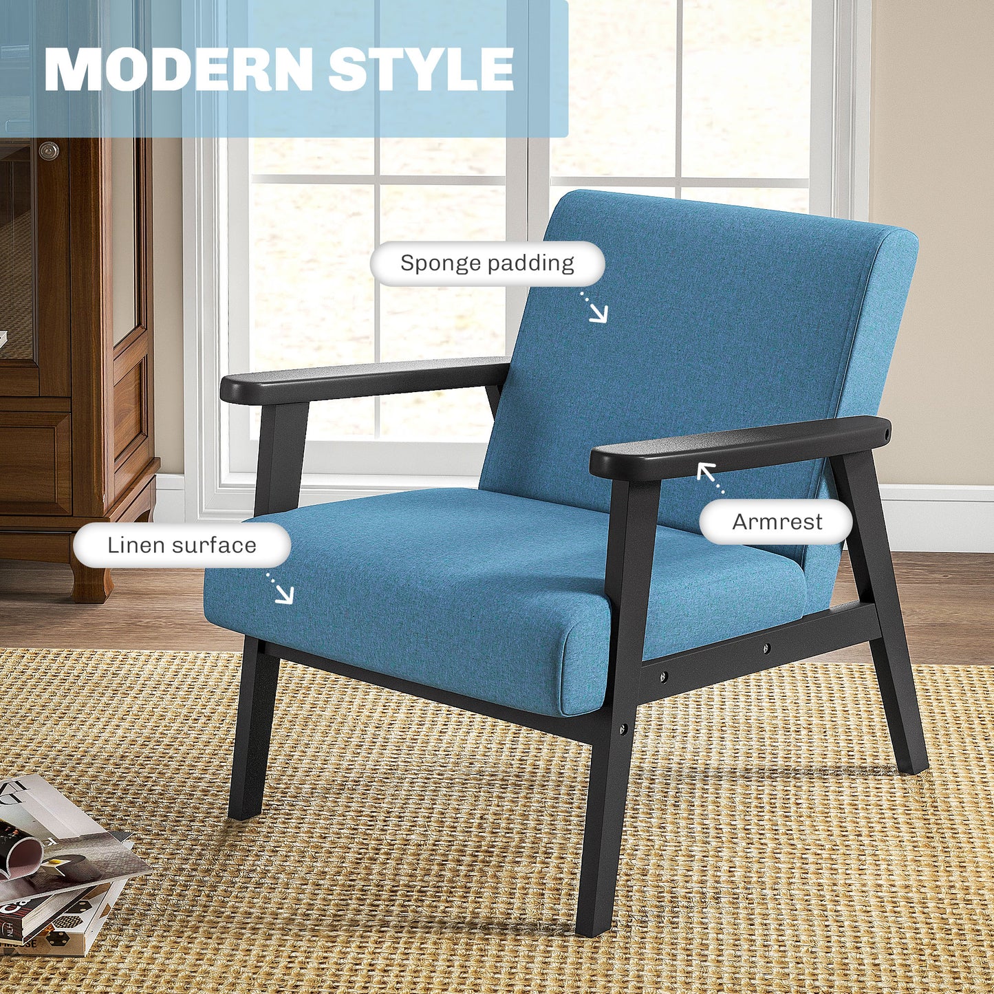 Mid-Century Modern Accent Chair Retro Fabric Armchair Wooden Arm Upholstered Lounge Chair for Living Room Blue Accent Chairs   at Gallery Canada