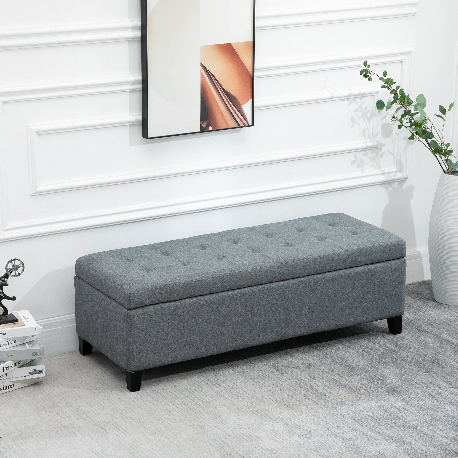 Large 50" Rectangular Storage Ottoman Bench, Tufted Upholstered Linen Fabric Wood Feet Entry Bench, Contemporary Home Decor Grey Storage Ottomans & Benches   at Gallery Canada