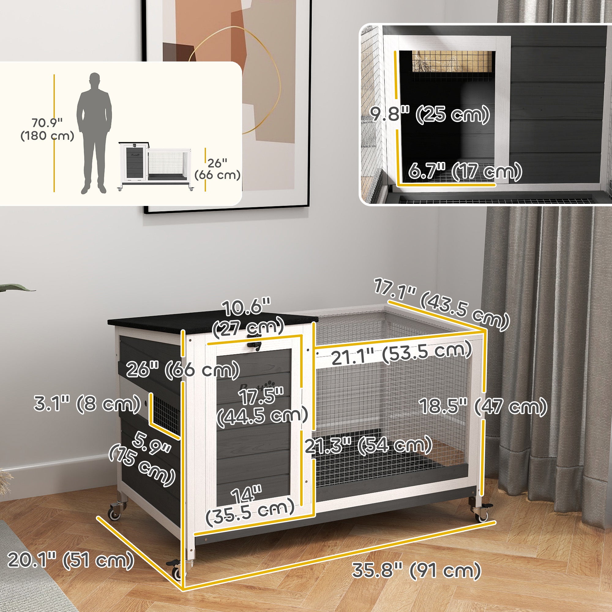 Wooden Rabbit Hutch with Pull-Out Tray, Asphalt Openable Roof, Small Animal Cage on Wheels with Run, Grey Rabbit Hutch at Gallery Canada