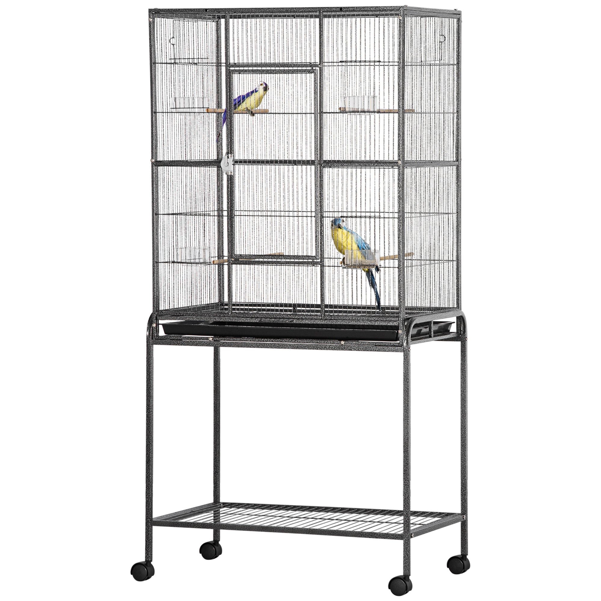 30'' Large Rolling Metal Bird Cage Bird House with Detachable Rolling Stand, Storage Shelf, Wood Perch Food Container - Black Bird Cages at Gallery Canada