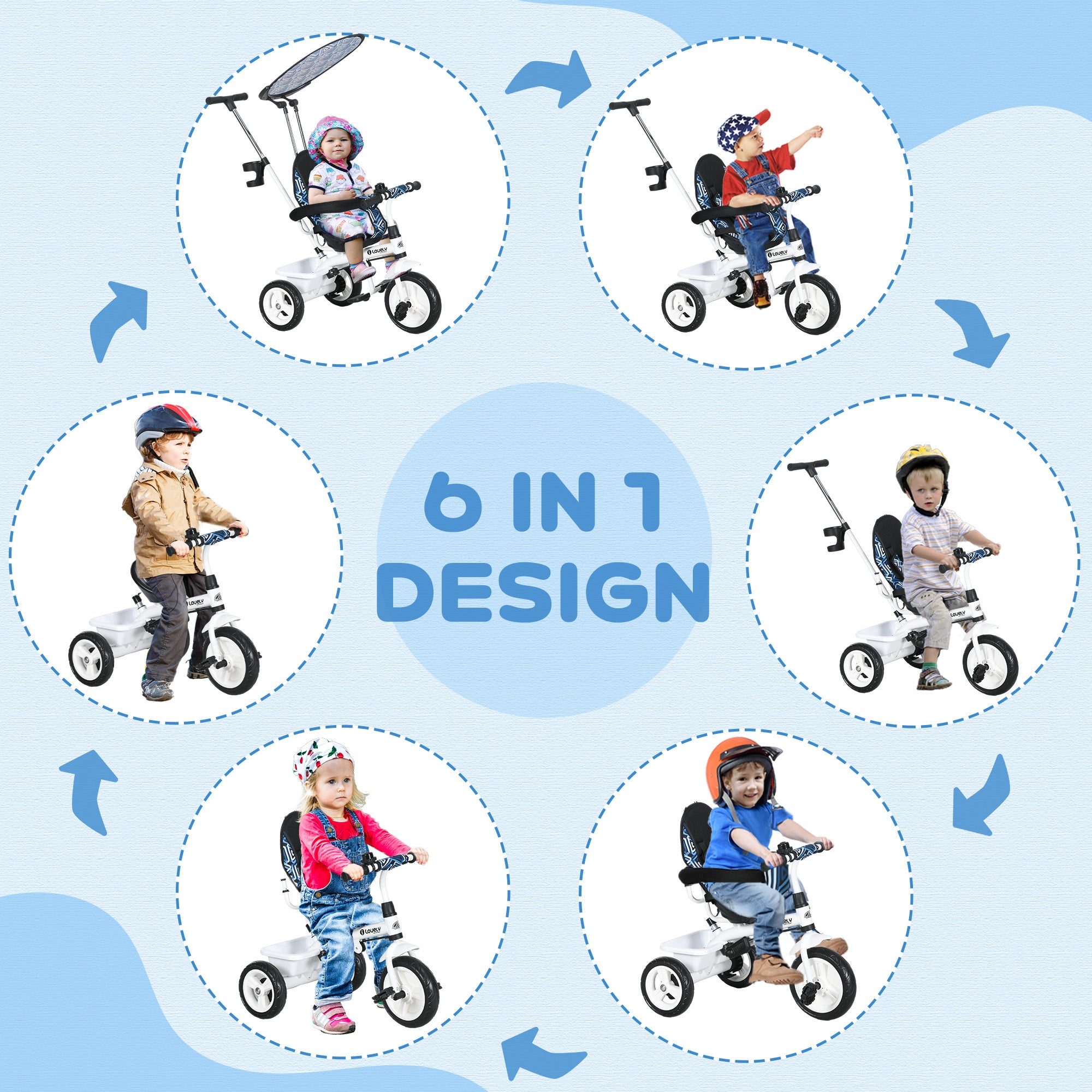 6 in 1 Kids Tricycle with Removable Handlebar and Canopy, Blue Tricycles for Kids at Gallery Canada