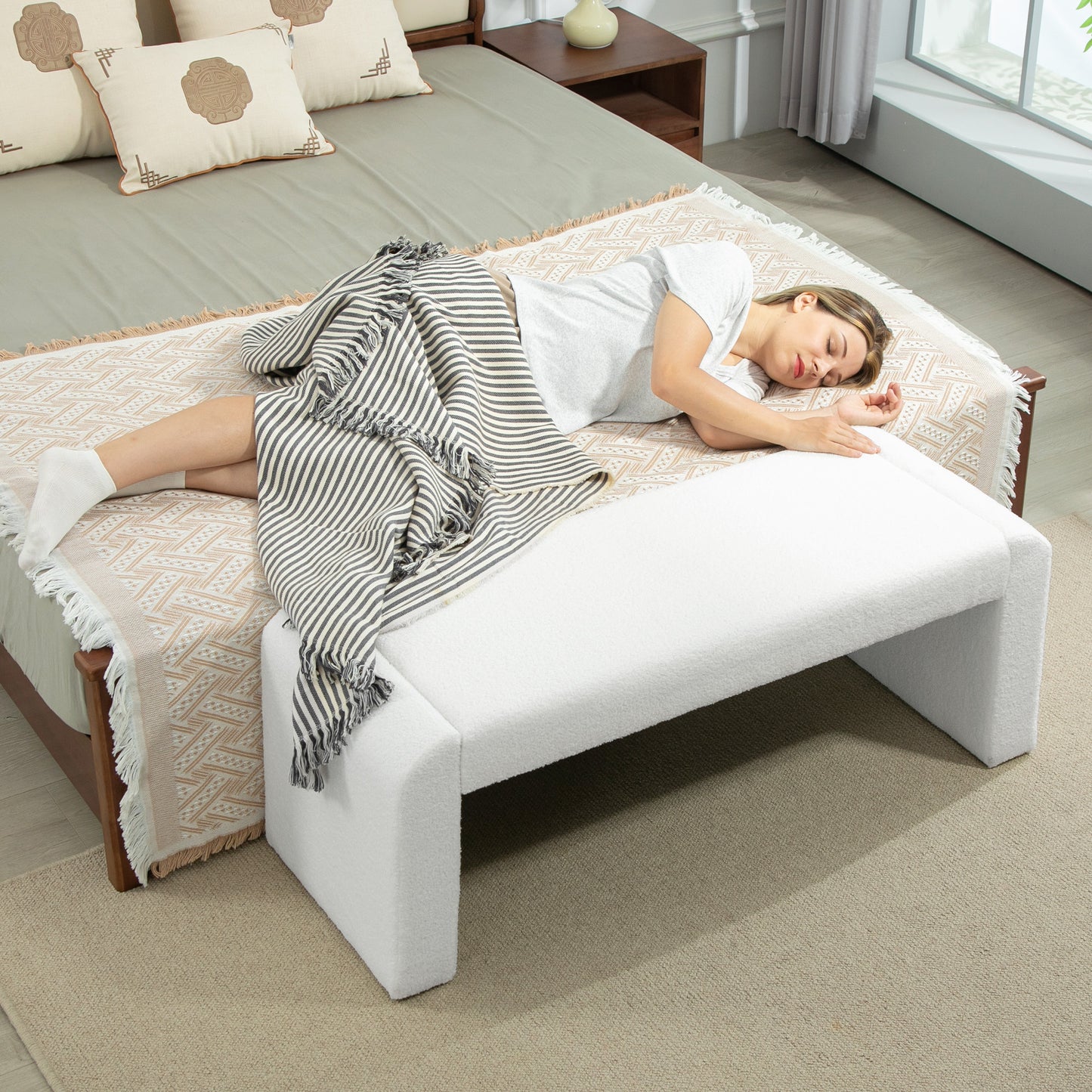 Upholstered Bedroom Bench, Boucle End of Bed Bench, Modern U-Shaped Entryway Bench, 47 x 18 x 18 Inches, White Storage Ottomans & Benches   at Gallery Canada