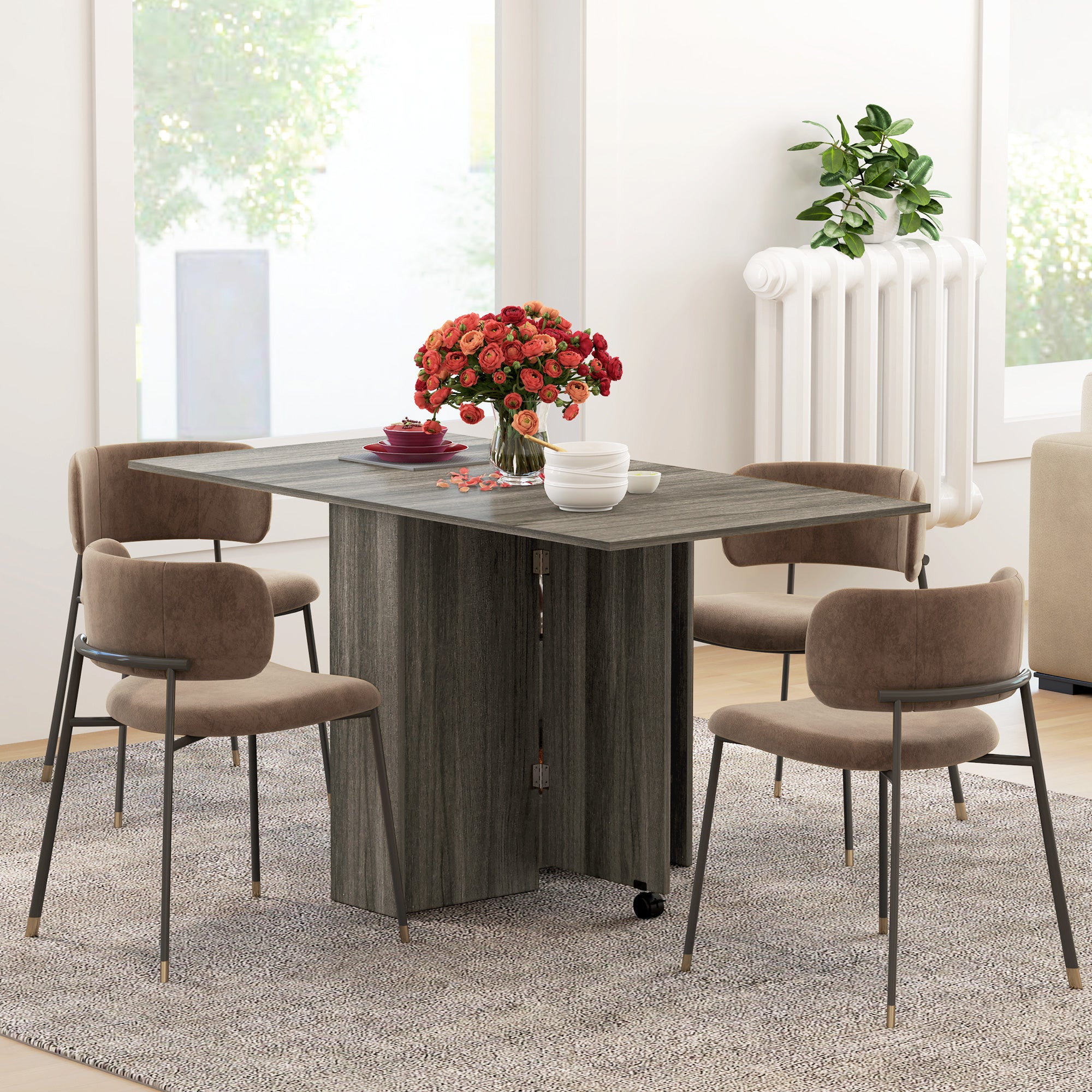 Extendable Dining Table, Collapsible Folding Table w/ 2-tier Shelves and Rolling Casters, Grey Wood Grain Dining Tables Grey Wood Grain  at Gallery Canada